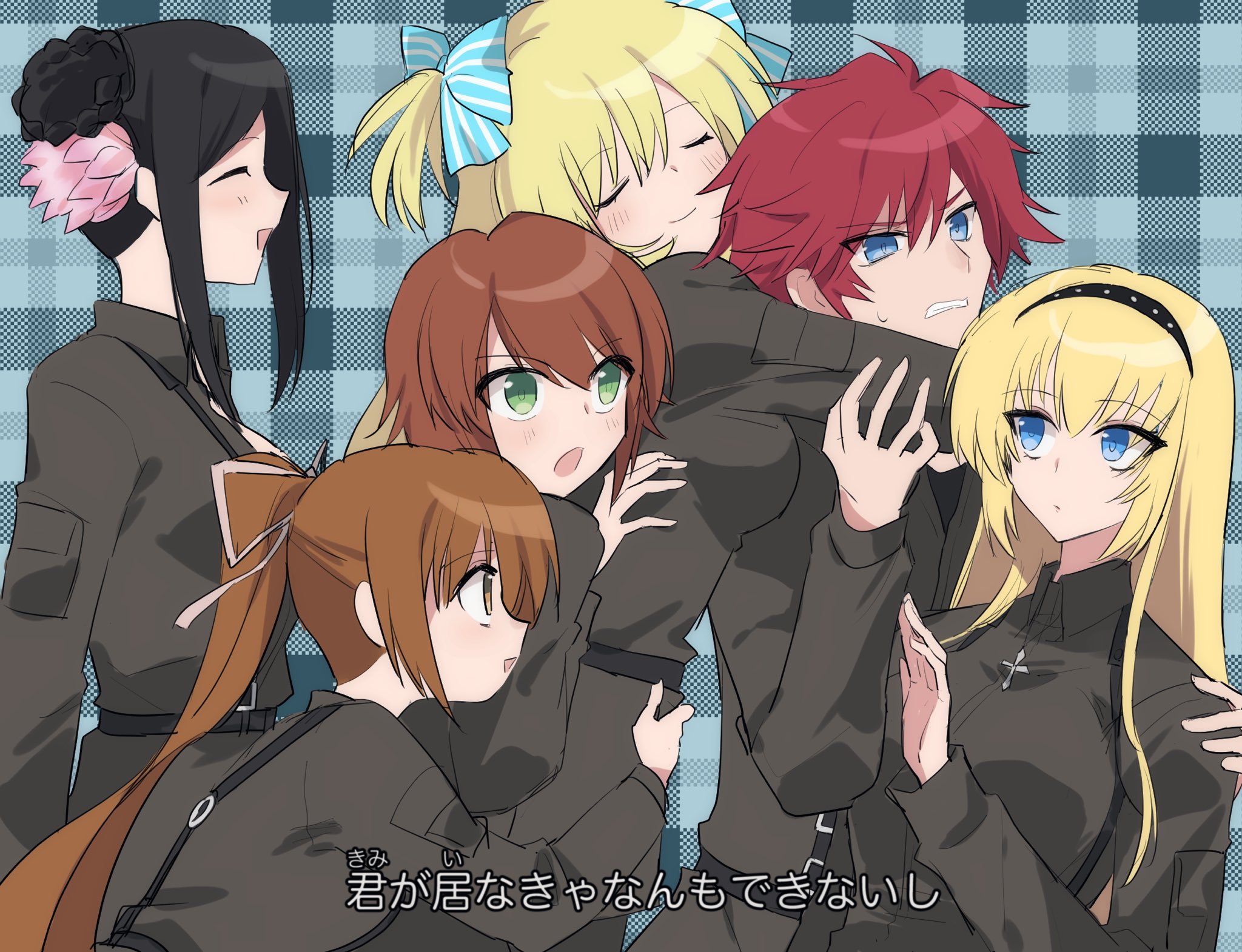 0gawa gawa, anett hosenfeld, irisdina bernhard, katia waldheim, liz hohenstein, pham thi ran, theodor edelbach, mamotte shugogetten!, muv-luv, muv-luv alternative, schwarzesmarken, commentary request, highres, 1boy, 5girls, black hair, blonde hair, blue background, blue eyes, brown hair, closed eyes, grey jacket, group picture, high ponytail, hug, hug from behind, jacket, long hair, military uniform, multiple girls, ponytail, red hair, short hair, suspenders