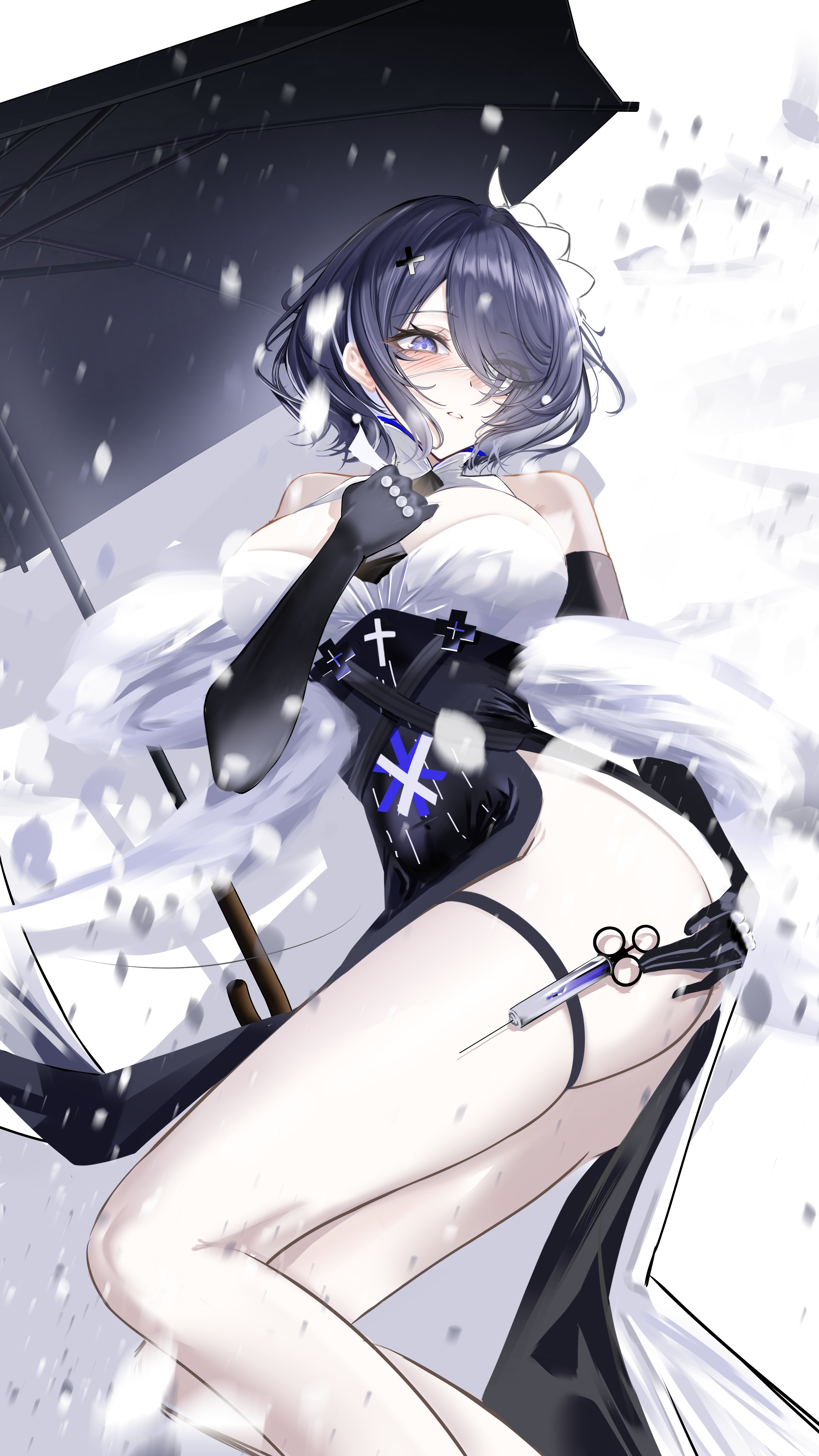 whisperain (arknights), whisperain (tremble cold) (arknights), arknights, absurdres, commentary request, highres, 1girl, black dress, black gloves, black umbrella, blush, breasts, dress, elbow gloves, eyepatch, fur shawl, gloves, hand on own chest, large breasts, long hair, mu aii, official alternate costume, parted lips, pelvic curtain, purple eyes, purple hair, shawl, solo, syringe, thigh strap, umbrella