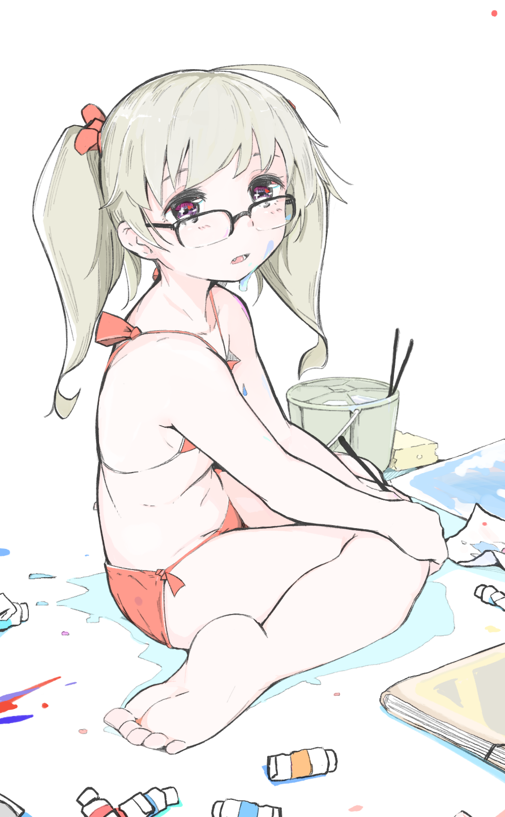 kinomoto (nazonoinu), original, commentary request, highres, 1girl, barefoot, bikini, blonde hair, expressionless, fang, flat chest, full body, glasses, holding, holding brush, looking at viewer, paint, paint stains, painting (action), purple eyes, sitting, sketch, solo, swimsuit, twintails, wariza