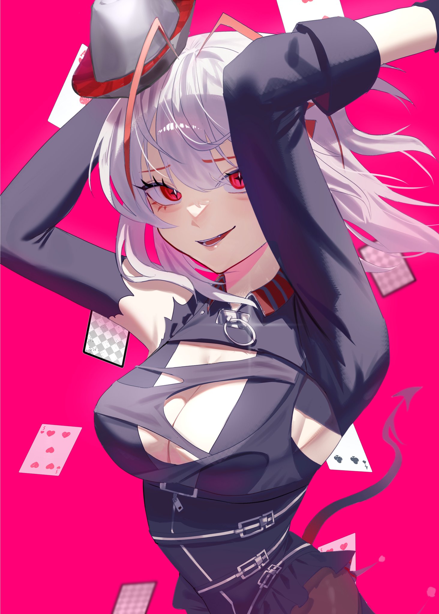 w (arknights), w (wanted) (arknights), ambience synesthesia, arknights, commentary, highres, symbol-only commentary, 1girl, antenna hair, arms up, black dress, black hat, breasts, card, cross-shaped pupils, demon tail, dress, hat, large breasts, long sleeves, looking at viewer, magnum 0000, multicolored hair, official alternate costume, open mouth, pink background, playing card, red eyes, red hair, simple background, solo, symbol-shaped pupils, tail, two-tone hair, upper body, white hair