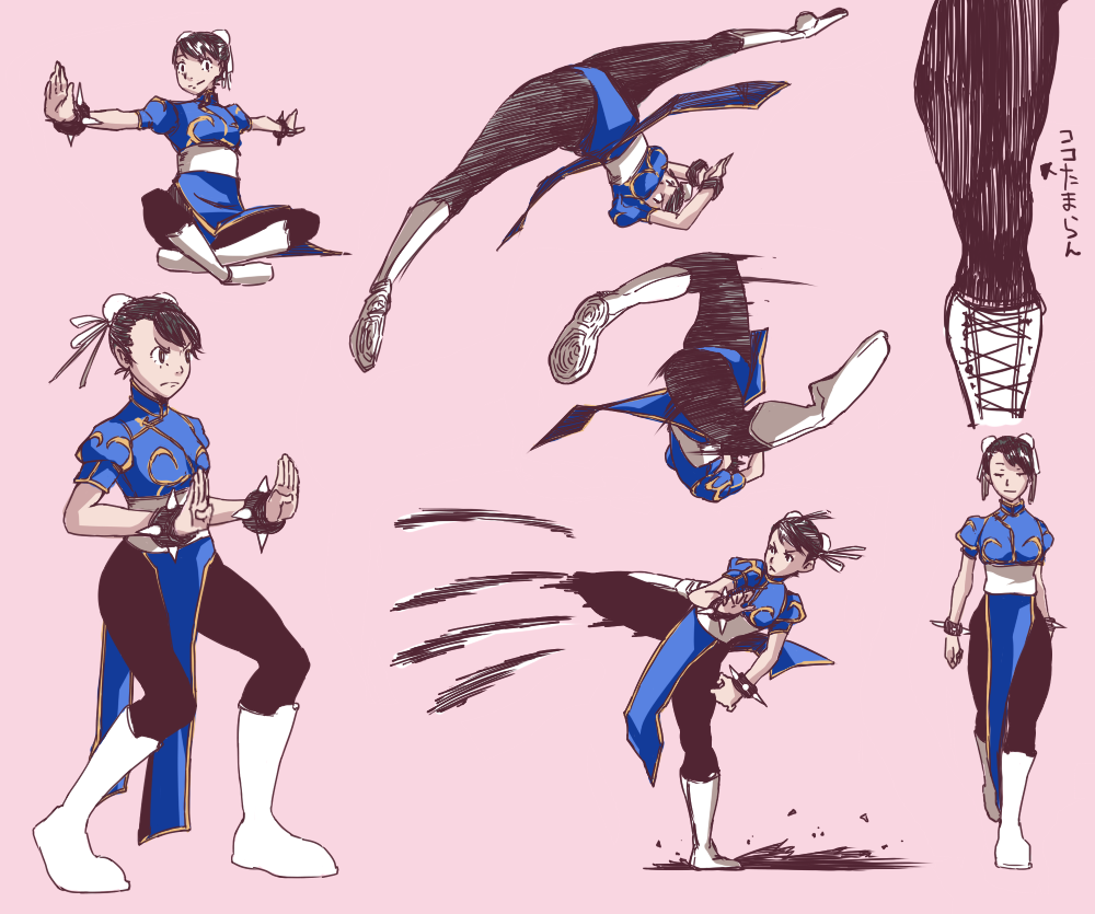 shoji (artist), shoji (simpsons), chun-li, capcom, street fighter, bad id, bad pixiv id, 1girl, bun cover, china dress, chinese clothes, double bun, dress, hyakuretsukyaku, kicking, pantyhose, pelvic curtain, rapid punches, reference sheet, spikes, spinning bird kick