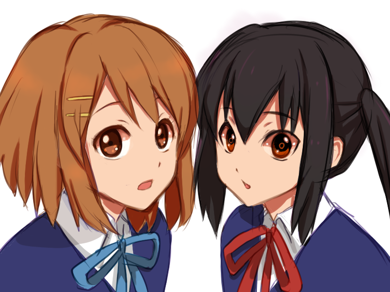 yurari (co10rs), hirasawa yui, nakano azusa, k-on!, bad id, bad pixiv id, 2girls, black hair, brown eyes, brown hair, long hair, multiple girls, neck ribbon, red ribbon, ribbon, school uniform, short hair, twintails