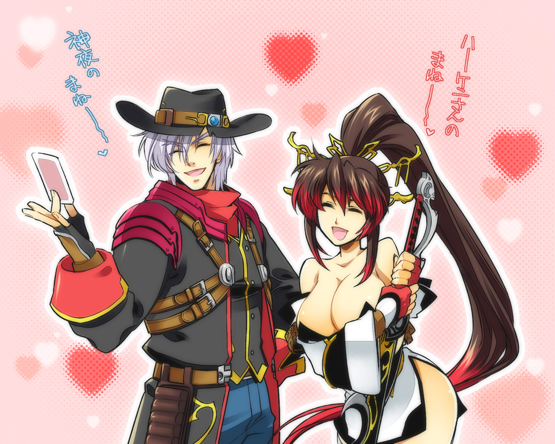 hpa (foolish factory), harken browning, nanbu kaguya, banpresto, super robot wars, super robot wars og saga mugen no frontier, translation request, 1boy, 1girl, breasts, cleavage, cowboy, cowboy hat, cowboy shot, cowboy western, fingerless gloves, gloves, hat, large breasts