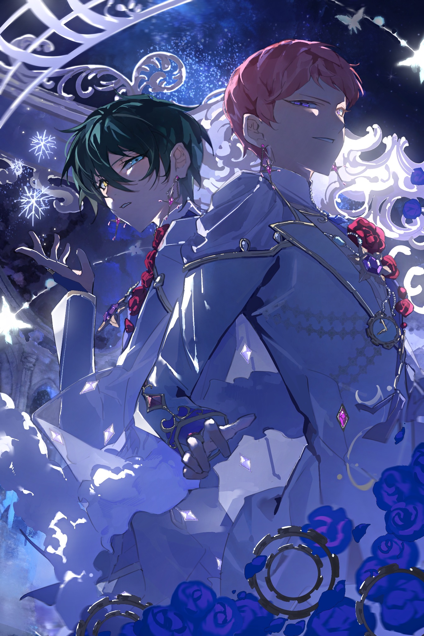 itsuki shu, kagehira mika, ensemble stars!, commentary, highres, symbol-only commentary, 2boys, blue eyes, blue flower, blue rose, bug, butterfly, clenched teeth, coco non, earrings, flower, gloves, green hair, hair between eyes, hand up, heterochromia, insect, jewelry, long sleeves, male focus, multiple boys, official alternate costume, parted lips, pink hair, red flower, red rose, rewinds (ensemble stars!), rose, short bangs, short hair, smile, snowflakes, teeth, valkyrie (ensemble stars!), yellow eyes