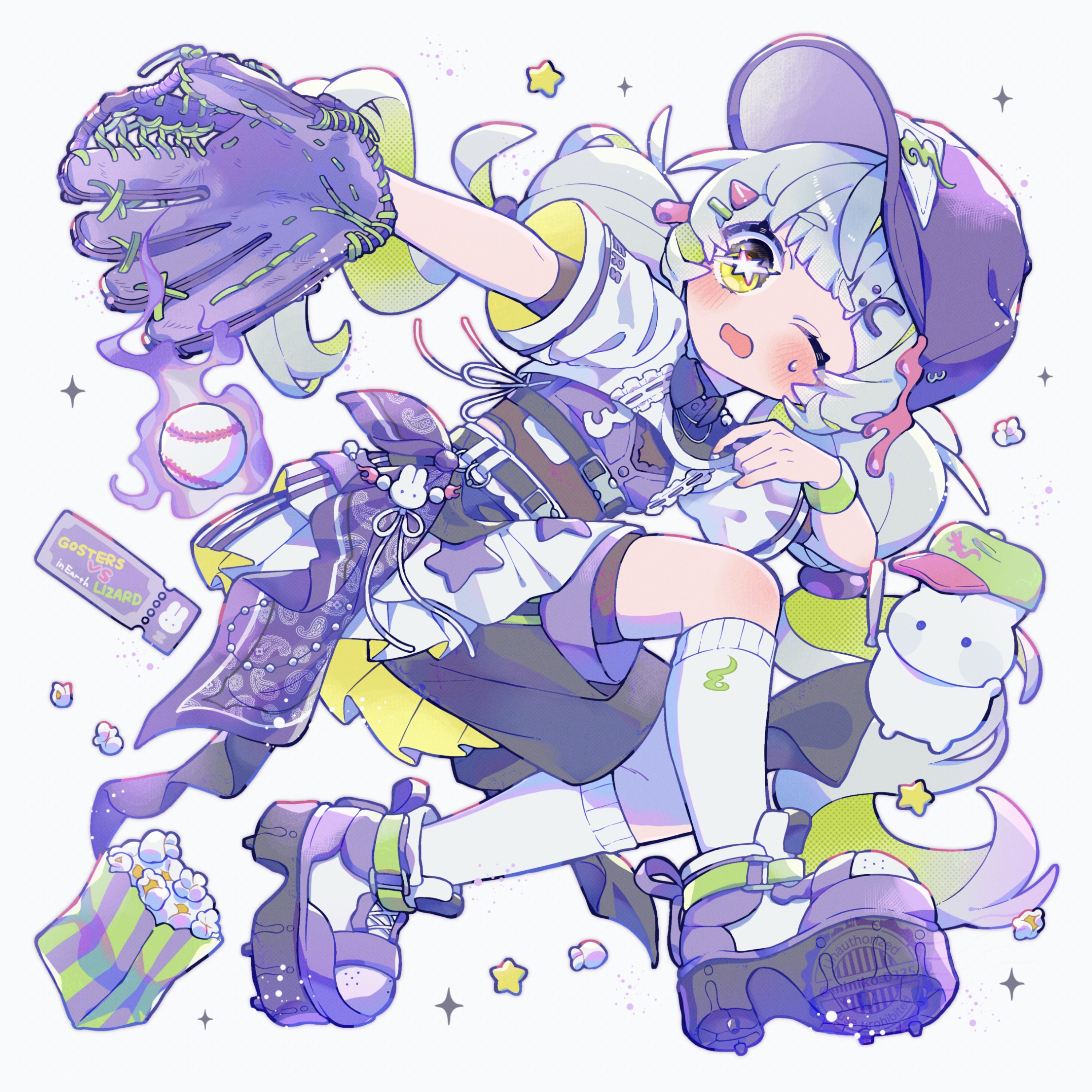 miniko 0325, original, absurdres, commentary request, highres, 1girl, ball, baseball (object), baseball glove, bent over, black hat, black shorts, blue hair, blunt bangs, blush, food, full body, green eyes, green hat, hat, kneehighs, long hair, one eye closed, open mouth, platform shoes, popcorn, purple shoes, rabbit, shirt, shoes, short sleeves, shorts, simple background, socks, solo, standing, star (symbol), thick eyebrows, watermark, white background, white shirt, white socks