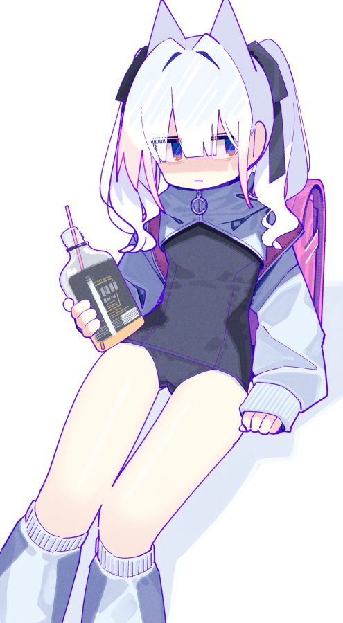 aoi tsuyu, original, commentary request, 1girl, alcohol, animal ears, backpack, bag, black one-piece swimsuit, blunt bangs, bottle, cat ears, closed mouth, drinking straw, feet out of frame, grey shrug, grey socks, hair between eyes, holding, holding bottle, kneehighs, long hair, long sleeves, one-piece swimsuit, randoseru, red eyes, school swimsuit, shrug (clothing), simple background, sitting, socks, solo, swimsuit, twintails, white background, white hair