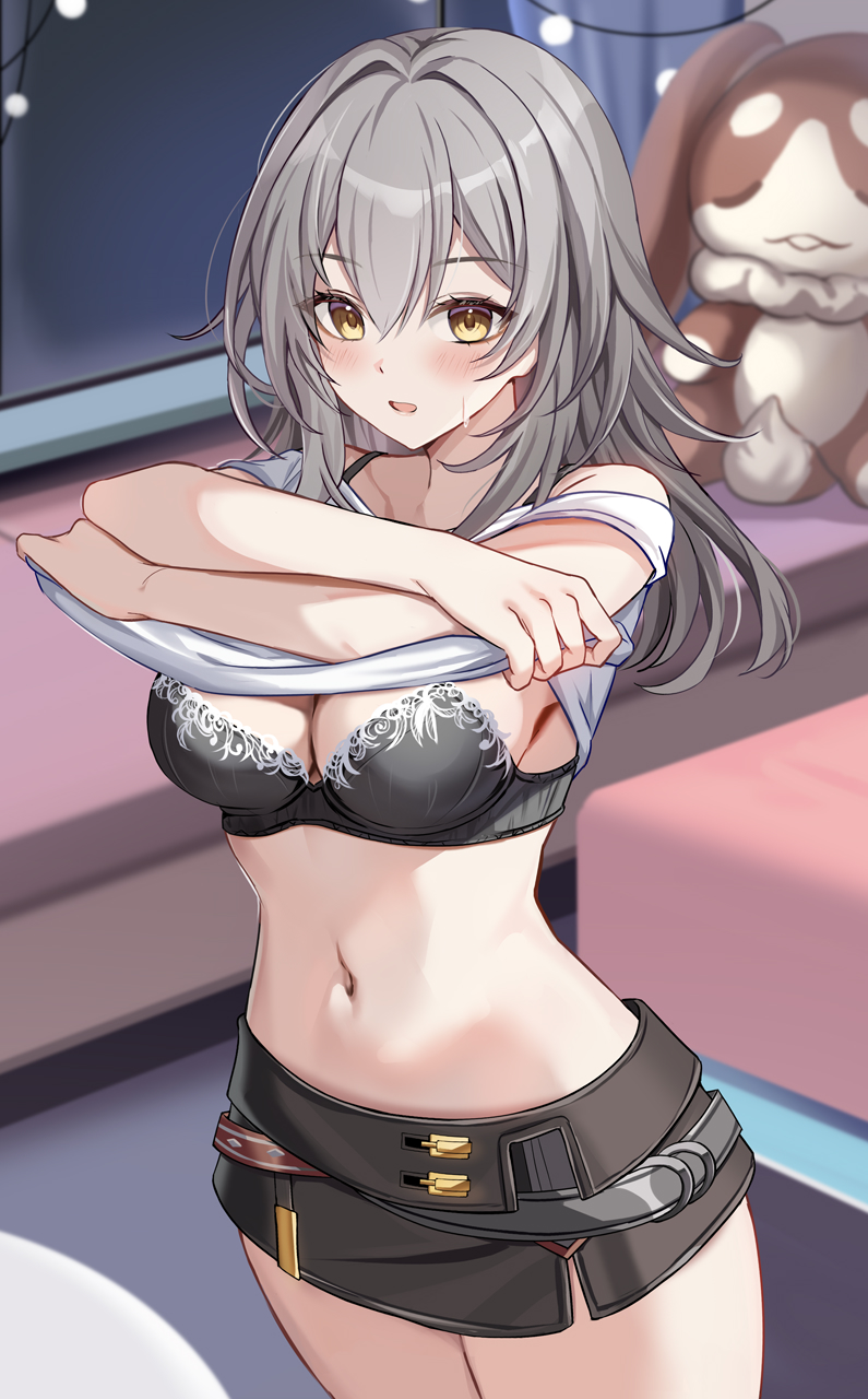 harimoji, stelle (honkai: star rail), trailblazer (honkai: star rail), honkai: star rail, honkai (series), commentary request, highres, 1girl, black bra, black skirt, blush, bra, breasts, cleavage, clothes lift, grey hair, indoors, large breasts, long hair, looking at viewer, miniskirt, navel, parted lips, shirt, shirt lift, skirt, solo, stomach, stuffed animal, stuffed toy, thighs, underwear, undressing, white shirt, yellow eyes