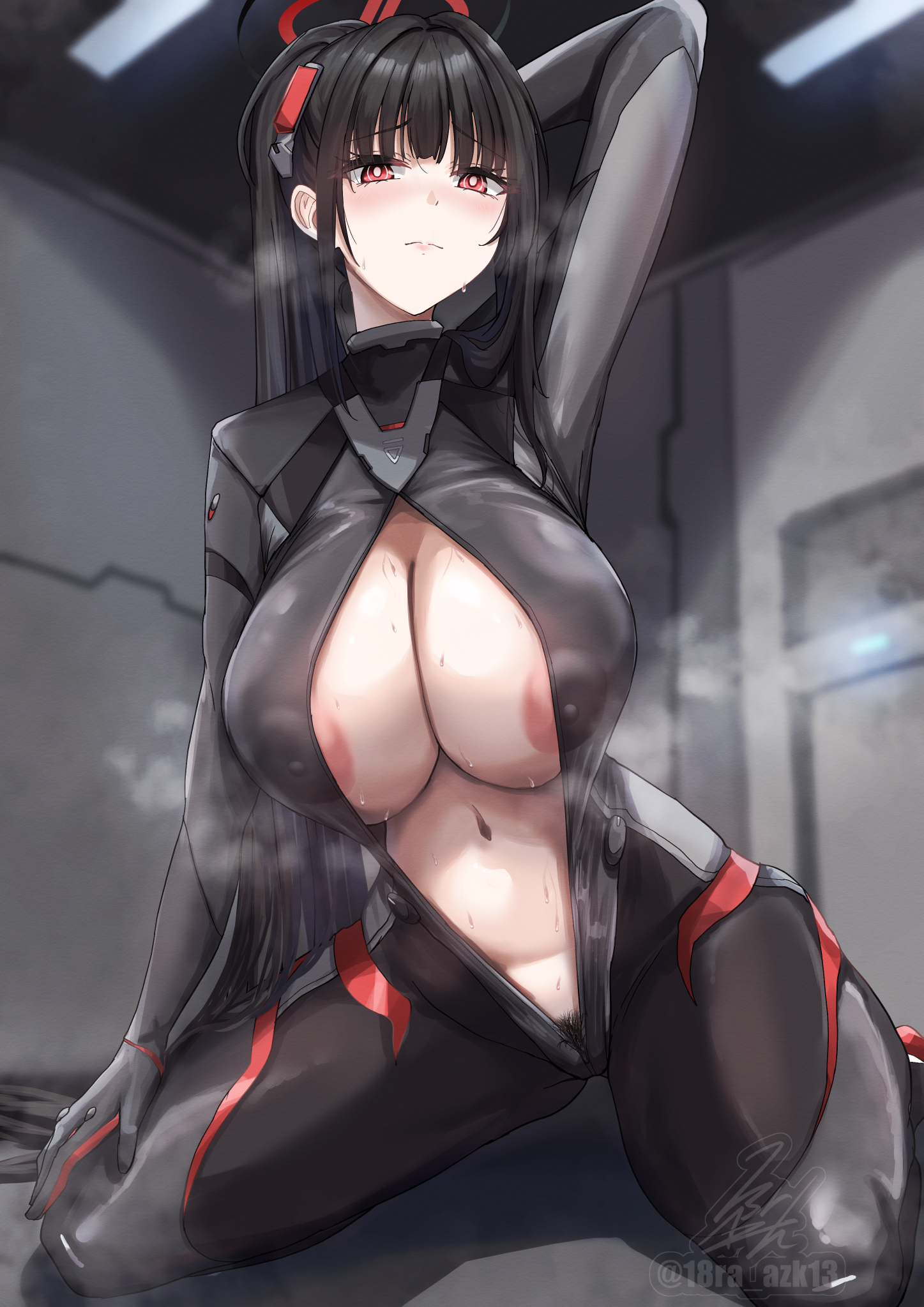 ibara azuki, rio (blue archive), rio (bodysuit) (blue archive), blue archive, commentary request, highres, 1girl, areola slip, arm behind head, arm up, black bodysuit, black hair, bodysuit, bright pupils, female pubic hair, halo, headgear, indoors, kneeling, long hair, looking at viewer, navel, official alternate costume, open clothes, ponytail, pubic hair, pubic hair peek, red eyes, sidelocks, signature, solo, steaming body, stomach, sweat, very long hair, watermark, white pupils
