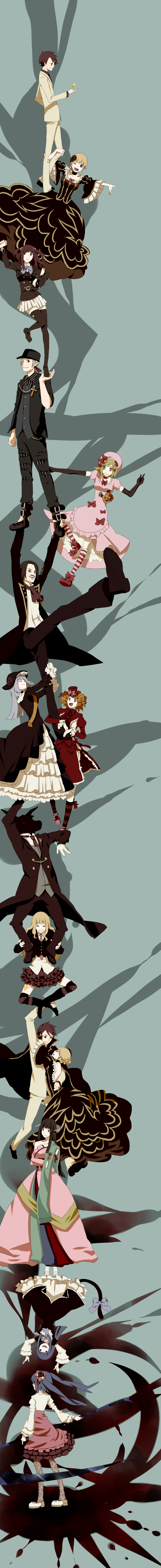 0930erina, amakusa juuza, beatrice (umineko), featherine augustus aurora, frederica bernkastel, furfur, furudo erika, gaap (umineko), lambdadelta, ronove (umineko), ushiromiya ange, ushiromiya battler, virgilia (umineko), zepar, 07th expansion, durarara!!, no naku koro ni (series), umineko no naku koro ni, silver hair, striped legwear, absurdres, bad id, bad pixiv id, highres, long image, tall image, 5boys, 6+girls, bandana, blonde hair, blue eyes, blue hair, boots, bow, breasts, bug, butterfly, cape, cat tail, cross, dress, everyone, formal clothes, gloves, goat, grey eyes, hair bobbles, hair bow, hair ornament, hat, hug, insect, jewelry, long hair, multiple boys, multiple girls, necklace, necktie, pantyhose, parody, pumpkin, purple eyes, red eyes, red hair, ribbon, scythe, short hair, sideboob, skirt, striped clothes, striped thighhighs, suit, tail, thighhighs, troll face, trust me (durarara!!), twintails, zettai ryouiki