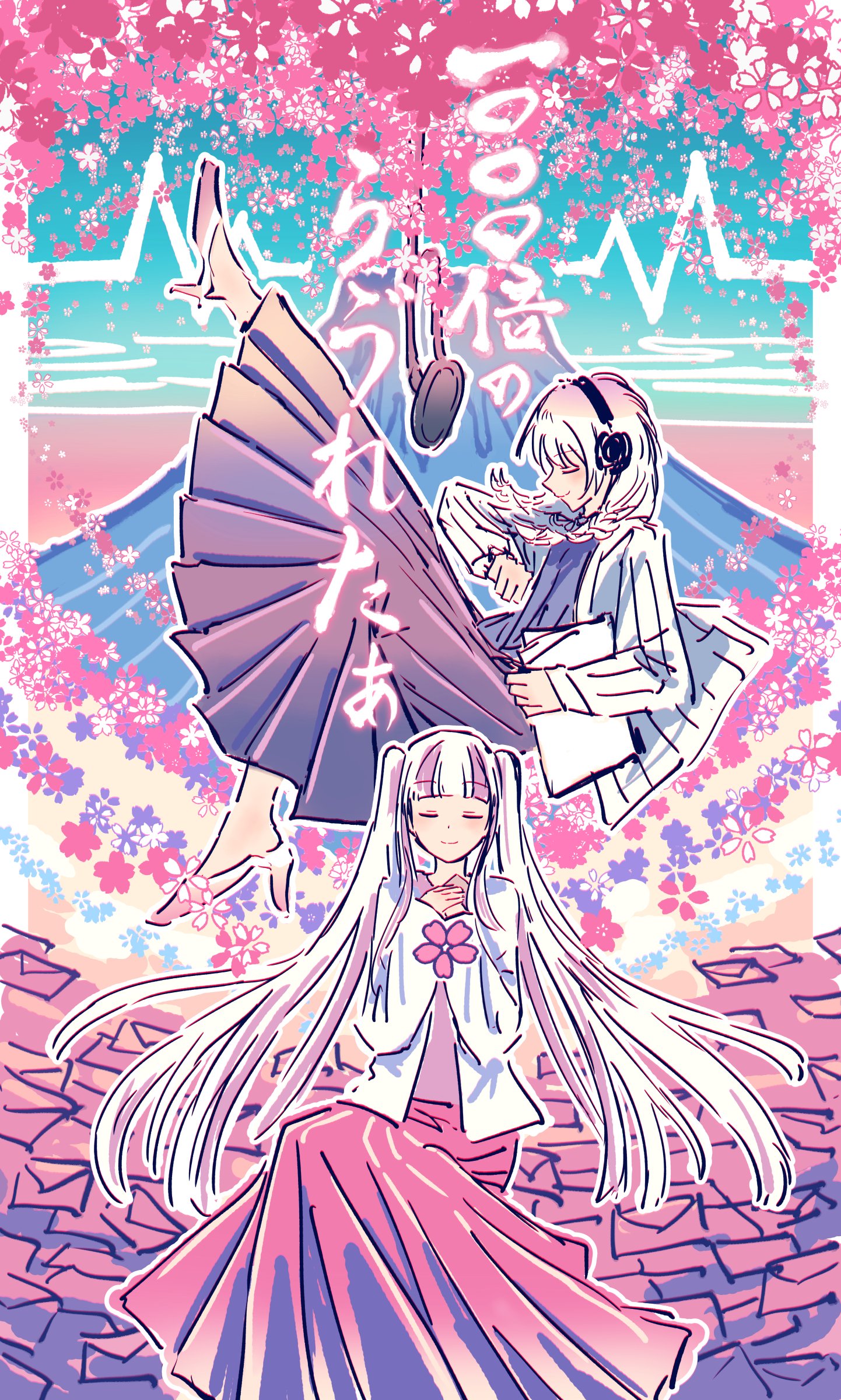 yukitake (bullfalk), nyubara reona, wakamiya eve, bang dream!, bang dream! girls band party!, absurdres, commentary, highres, translation request, 2girls, black skirt, blunt bangs, braid, cardiogram, closed eyes, envelope, full body, headphones, jacket, long hair, long skirt, low twin braids, multicolored hair, multiple girls, open clothes, open jacket, pink skirt, pink streaks, pleated skirt, profile, purple shirt, sakuramon, shirt, sitting, skirt, streaked hair, too many letters, twin braids, twintails, white hair, white jacket