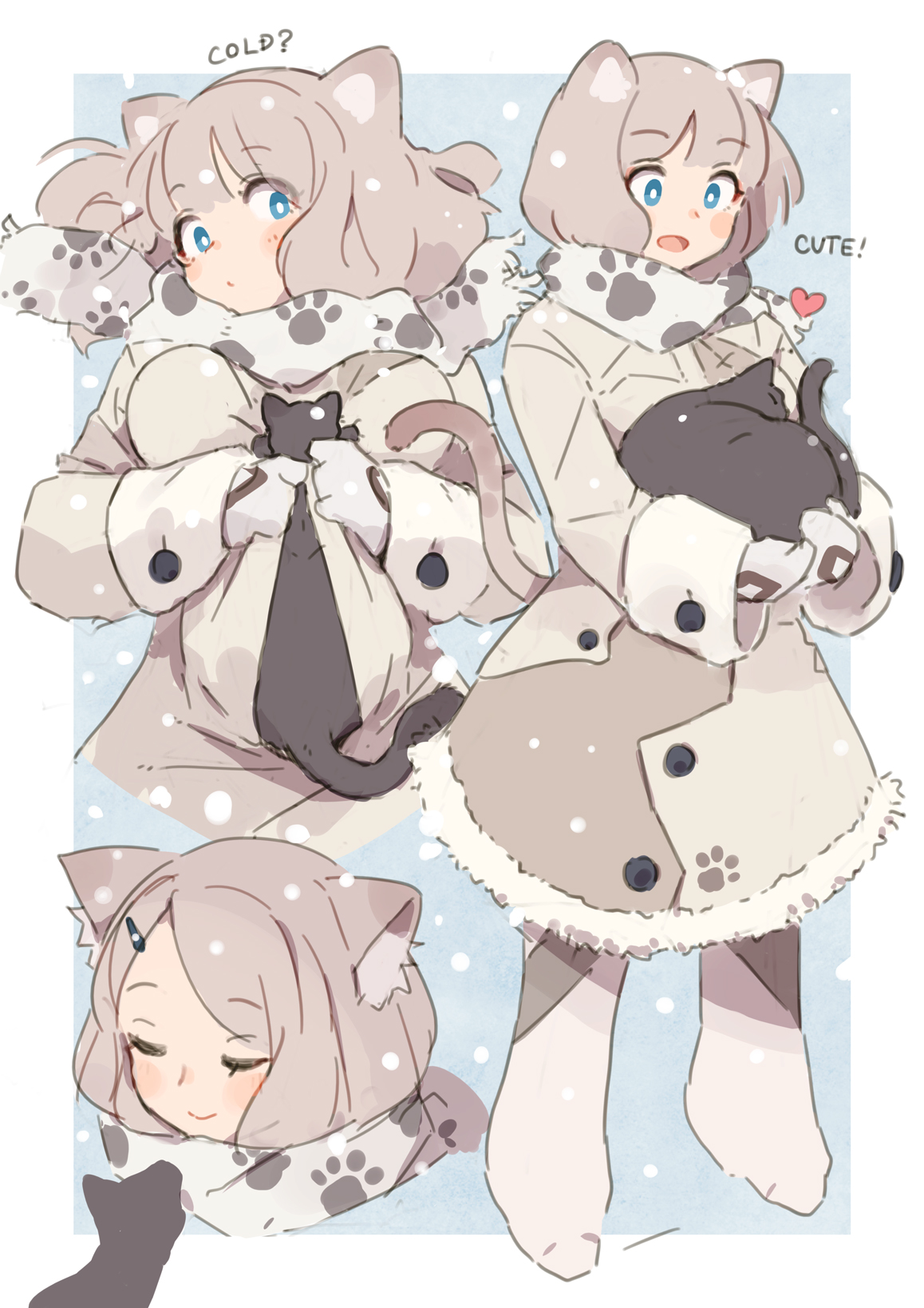 tsukudani yosuke, original, commentary request, highres, 1girl, :d, animal, animal ears, black cat, blue background, blue eyes, blush stickers, boots, border, breasts, bright pupils, cat, cat ears, cat girl, cat tail, closed eyes, closed mouth, coat, full body, fur-trimmed coat, fur trim, grey hair, heart, holding, holding animal, long sleeves, medium breasts, mittens, open mouth, outside border, paw print, print scarf, scarf, short hair, smile, snowing, standing, tail, white boots, white border, white coat, white mittens, white pupils, white scarf