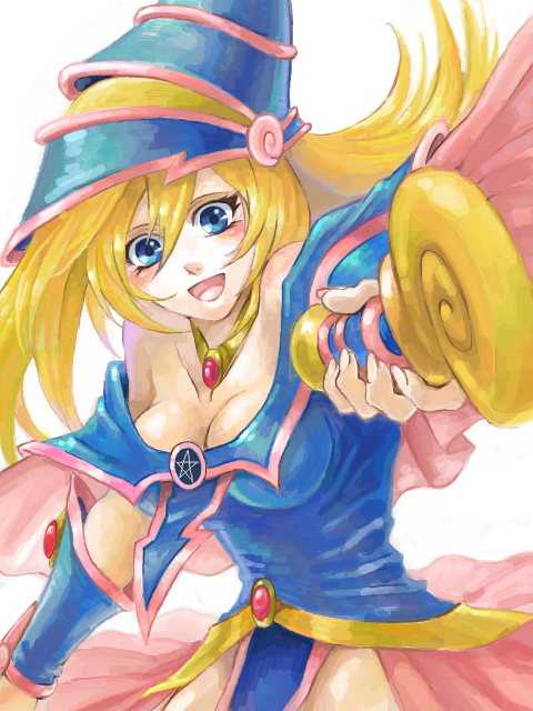 yuzure mon, dark magician girl, yu-gi-oh!, yu-gi-oh! duel monsters, bad id, bad pixiv id, 1girl, bare shoulders, blonde hair, blue eyes, blush, breasts, detached sleeves, duel monster, hat, large breasts, long hair, pentacle, skirt, staff, witch hat, wizard hat