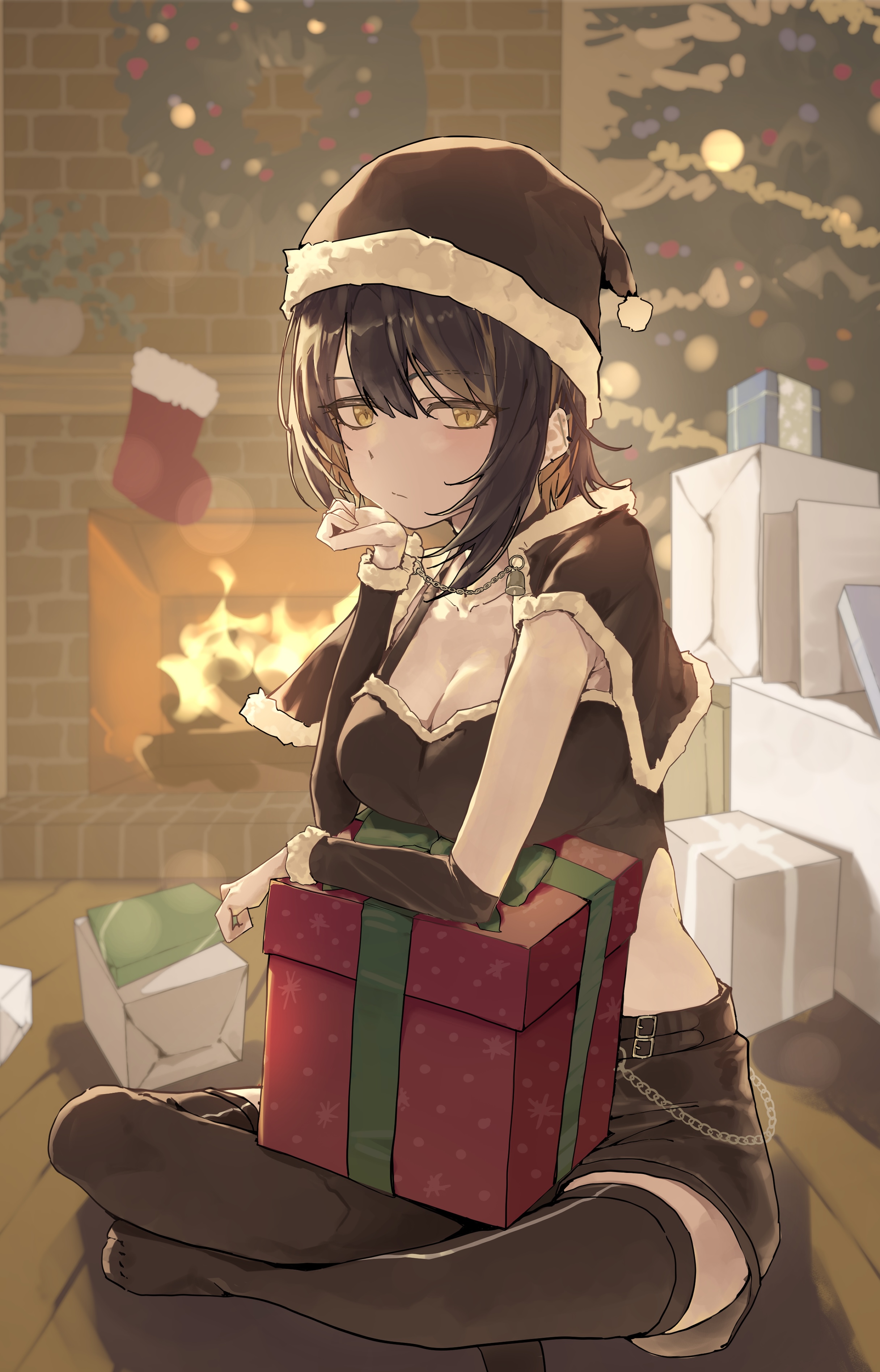 yamada no orochi, ikaruga luca, idolmaster, idolmaster shiny colors, absurdres, commentary request, highres, 1girl, black capelet, black hair, black hat, black shorts, black thighhighs, black tube top, blonde hair, blush, box, breasts, capelet, christmas tree, cleavage, collarbone, detached sleeves, ear piercing, fire, fireplace, fur-trimmed capelet, fur-trimmed headwear, fur-trimmed sleeves, fur trim, gift, gift box, hat, indian style, indoors, looking at viewer, medium breasts, multicolored hair, official alternate costume, piercing, santa hat, shorts, sitting, solo, strapless, thighhighs, tube top, two-tone hair, wooden floor