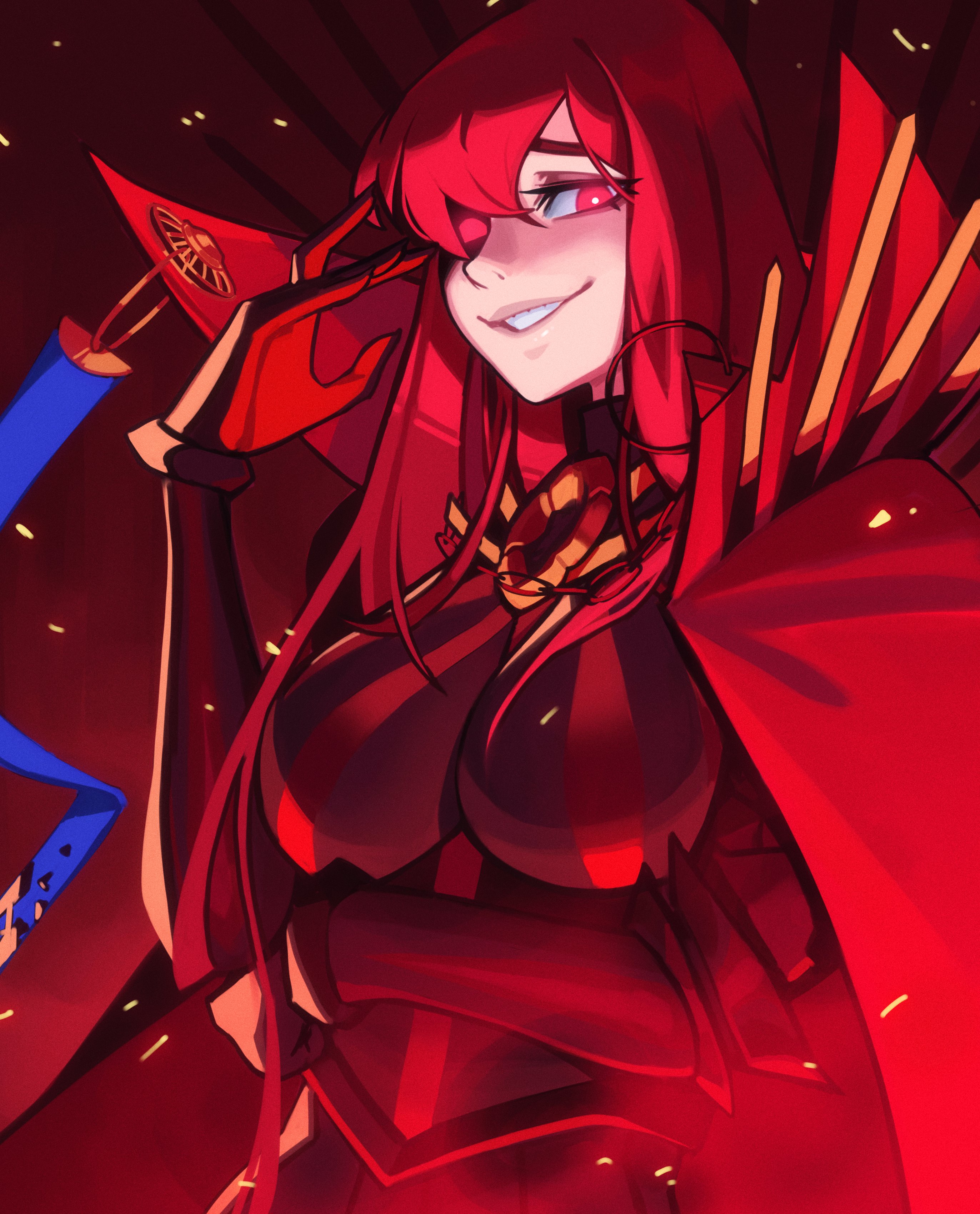 qtori, oda nobunaga (fate), oda nobunaga (maou avenger) (fate), fate/grand order, fate (series), absurdres, commentary, english commentary, highres, 1girl, arm under breasts, black bodysuit, bodysuit, breasts, cape, collared cape, embers, gloves, glowing, glowing eyes, grin, hand up, high collar, long hair, looking at viewer, medium breasts, one eye in shadow, popped collar, red cape, red eyes, red hair, red theme, smile, solo