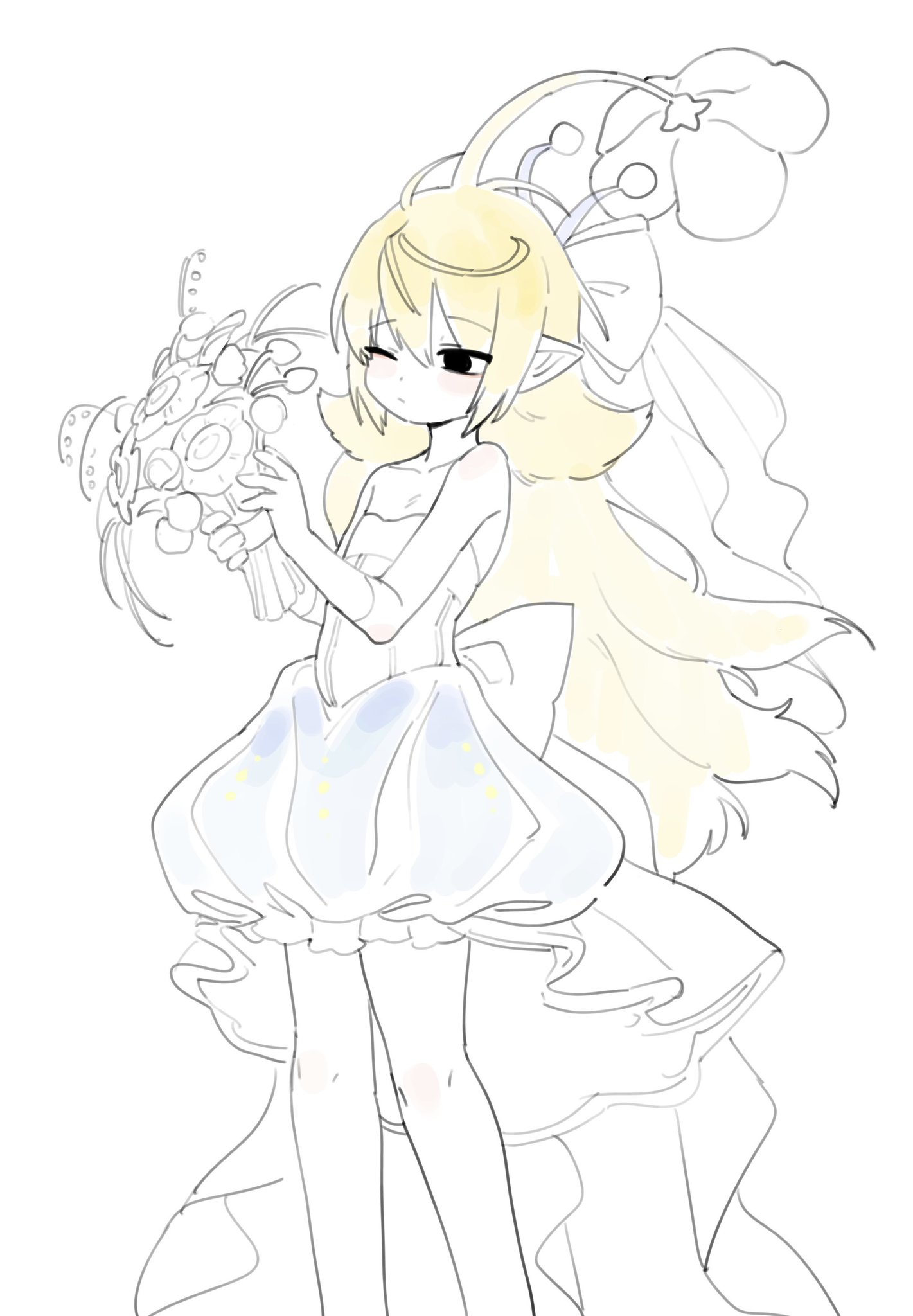 hufy, yellow pikmin, nintendo, pikmin (series), highres, 1girl, antennae, back bow, bare shoulders, black eyes, blonde hair, bouquet, bow, bubble skirt, closed mouth, dress, elbow gloves, empty eyes, flat chest, flower, flower on head, frills, gloves, hair bow, hands up, high-low dress, holding, holding bouquet, light blush, limited palette, long hair, looking at object, one eye closed, partially colored, personification, petite, pointy ears, sidelocks, simple background, sketch, skirt, solo, standing, strapless, strapless dress, very long hair, wedding dress, white background