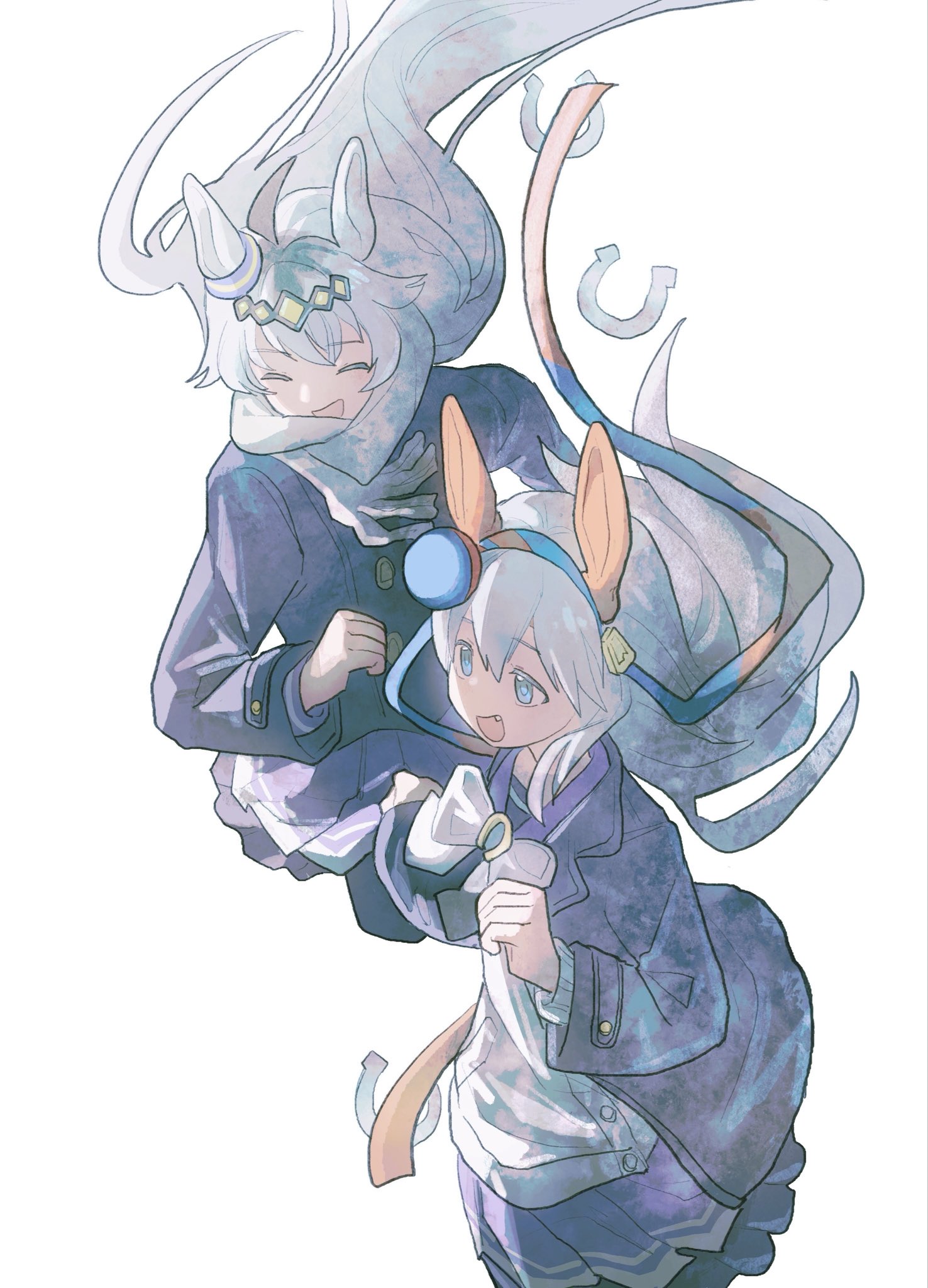 oguri cap (umamusume), tamamo cross (umamusume), umamusume, highres, 2boys, 2girls, ahoge, animal ears, blue coat, blue eyes, blue hairband, bow, bowtie, buttons, closed eyes, coat, double-breasted, ear covers, ear ornament, fang, grey hair, hair between eyes, hair ornament, hairband, headband, horse ears, horse girl, jacket, long hair, long sleeves, multicolored hair, multicolored hairband, multiple boys, multiple girls, open clothes, open coat, open mouth, pleated skirt, purple sailor collar, purple serafuku, purple shirt, purple skirt, red headband, sailor collar, sailor shirt, scarf, school uniform, serafuku, shirt, skirt, smile, striped clothes, striped hairband, tracen school uniform, tracen winter coat, two-tone hairband, unicornderby, very long hair, white bow, white bowtie, white scarf, winter clothes, winter coat, winter uniform