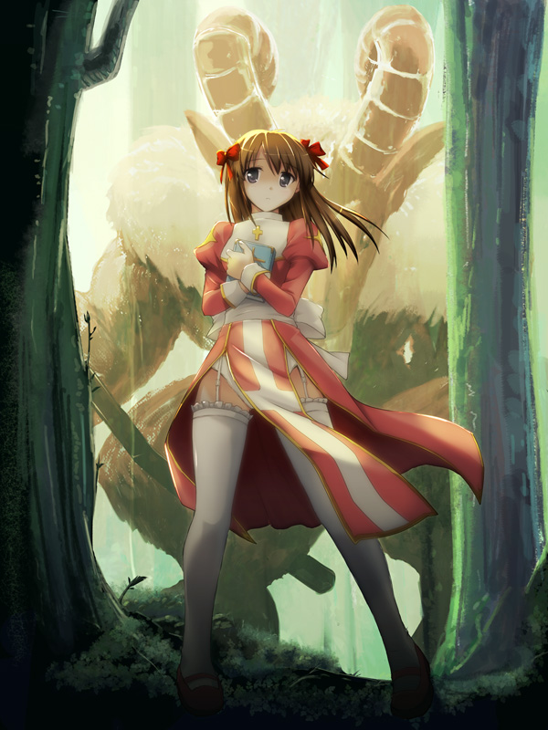 ryoumoto ken, baphomet (mythology), baphomet (ragnarok online), high priest (ragnarok online), ragnarok online, md5 mismatch, 1girl, book, bow, brown hair, cross, female focus, garter belt, garter straps, grey eyes, hair bow, jewelry, loincloth, mary janes, necklace, shoes, solo, standing, thighhighs, white thighhighs, wind, you gonna get raped