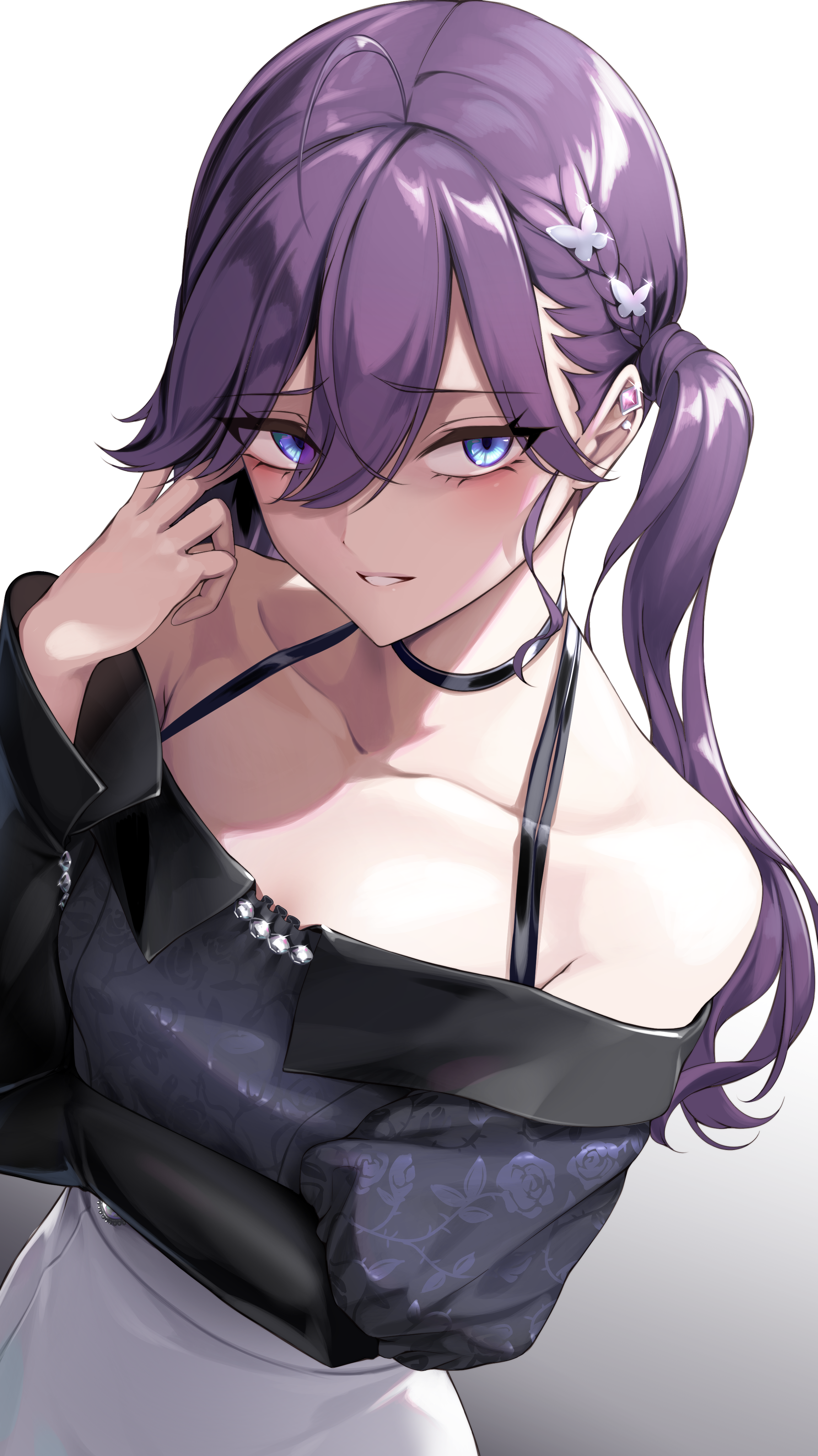 takagi mitsukuni, kaya rinha, gakuen idolmaster, idolmaster, absurdres, commentary request, highres, partial commentary, 1girl, ahoge, black shirt, blue eyes, blush, braid, butterfly hair ornament, collarbone, dutch angle, ear piercing, floral print, gradient background, hair between eyes, hair ornament, long hair, long sleeves, looking at viewer, off-shoulder shirt, off shoulder, piercing, purple hair, shirt, simple background, skirt, solo, twintails, white skirt