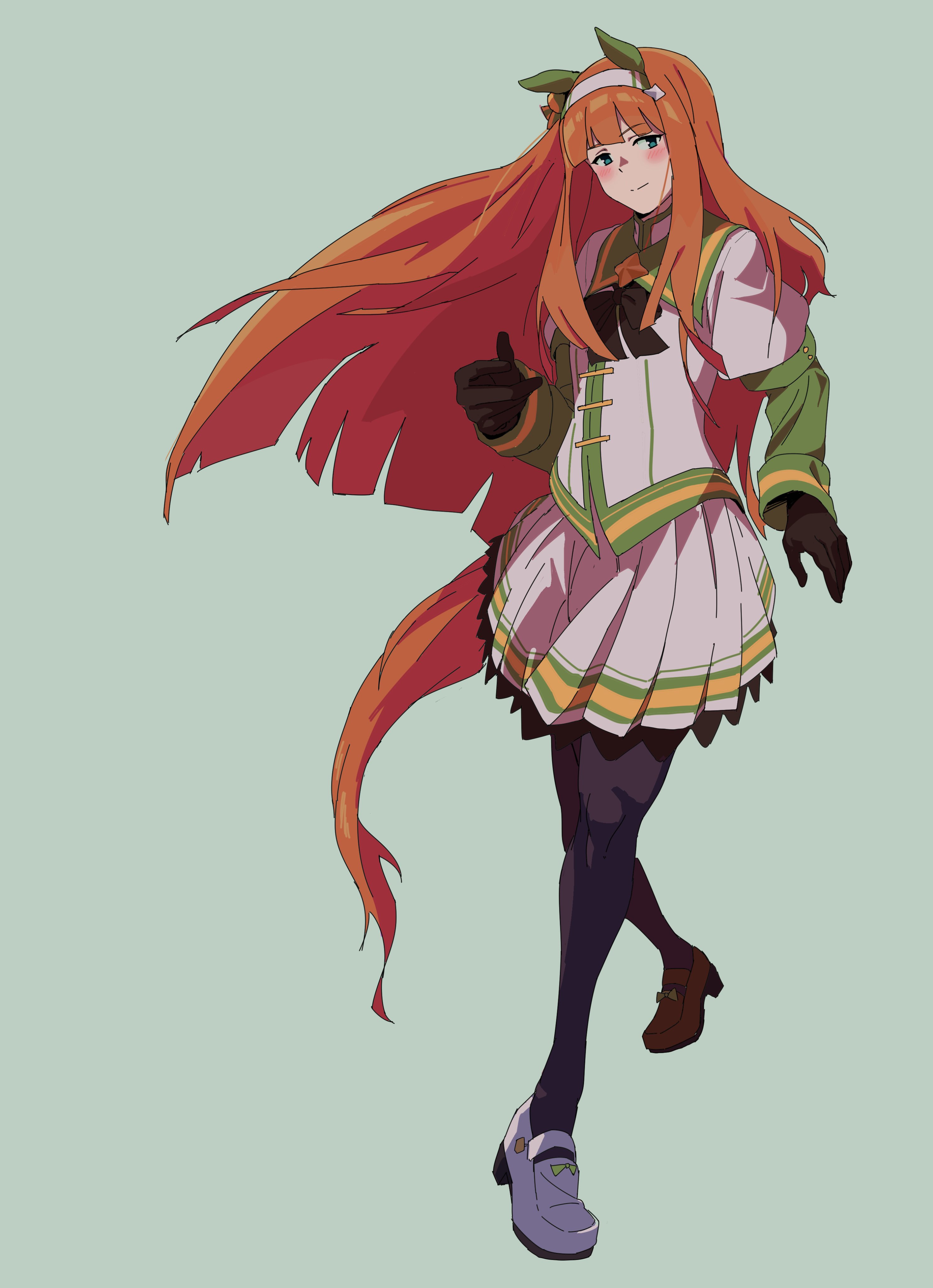 m7 (artist), silence suzuka (innocent silence) (umamusume), silence suzuka (umamusume), umamusume, absurdres, commentary request, highres, 1girl, animal ears, asymmetrical footwear, black bow, black bowtie, black gloves, black pantyhose, blue eyes, blunt bangs, blush, bow, bowtie, closed mouth, ear covers, gloves, green eyes, green sailor collar, green sleeves, hairband, hime cut, horse ears, horse girl, horse tail, long hair, long sleeves, looking at viewer, mismatched footwear, orange hair, orange tail, pantyhose, sailor collar, shirt, shoes, simple background, skirt, smile, solo, tail, white hairband, white shirt, white skirt