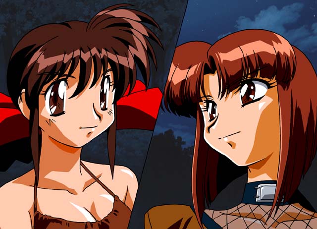 kimura takahiro, masuda chiho, mitsurugi tamao, variable geo, game cg, 1990s (style), 2girls, breasts, cleavage, game console, multiple girls, night, ninja, playstation 1, retro artstyle, smile