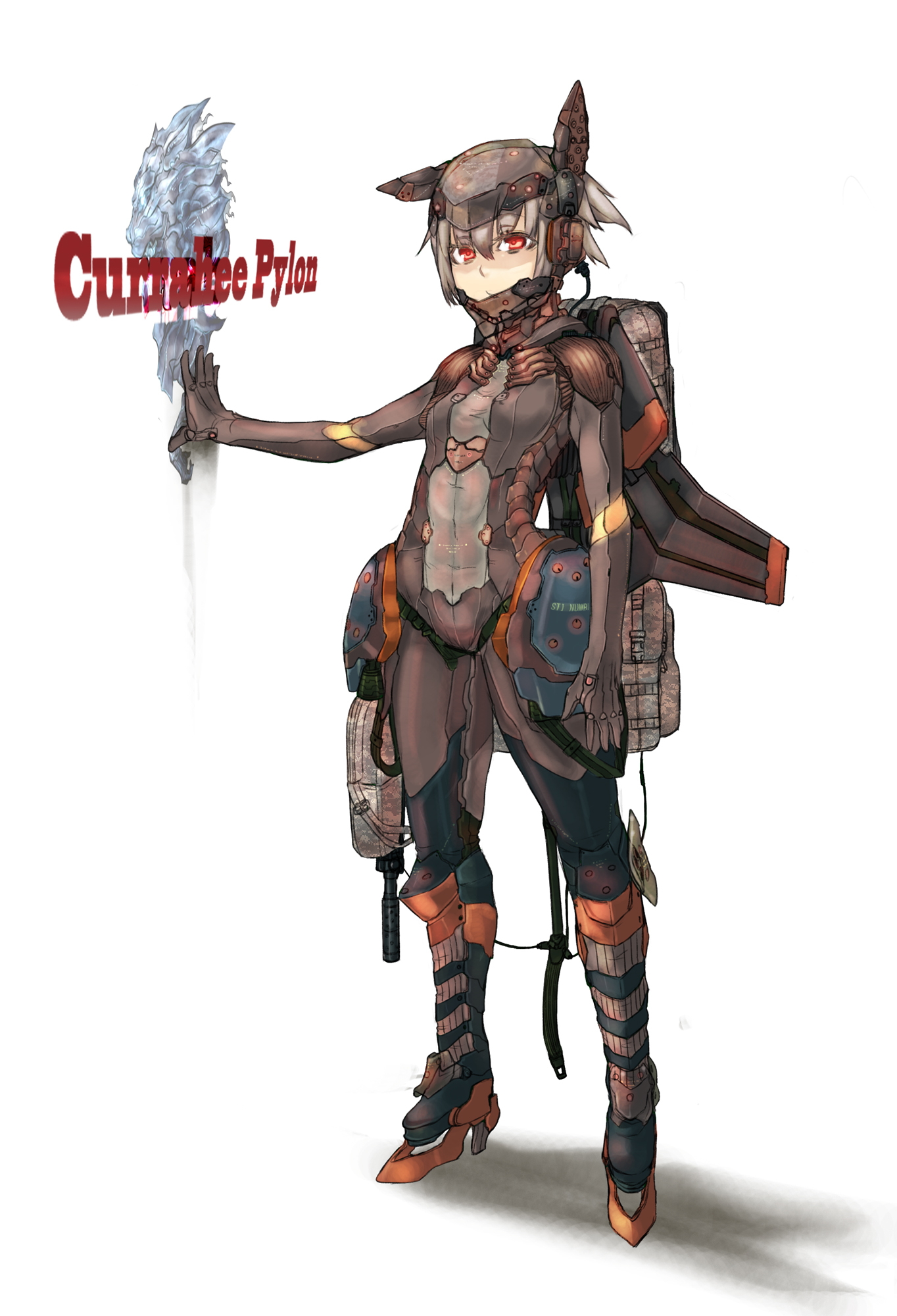 sigama, metal gear (series), metal gear solid 4: guns of the patriots, bad id, bad pixiv id, highres, backpack, bag, boots, grey hair, gun, mecha musume, randoseru, red eyes, short hair, simple background, solo, weapon, white background