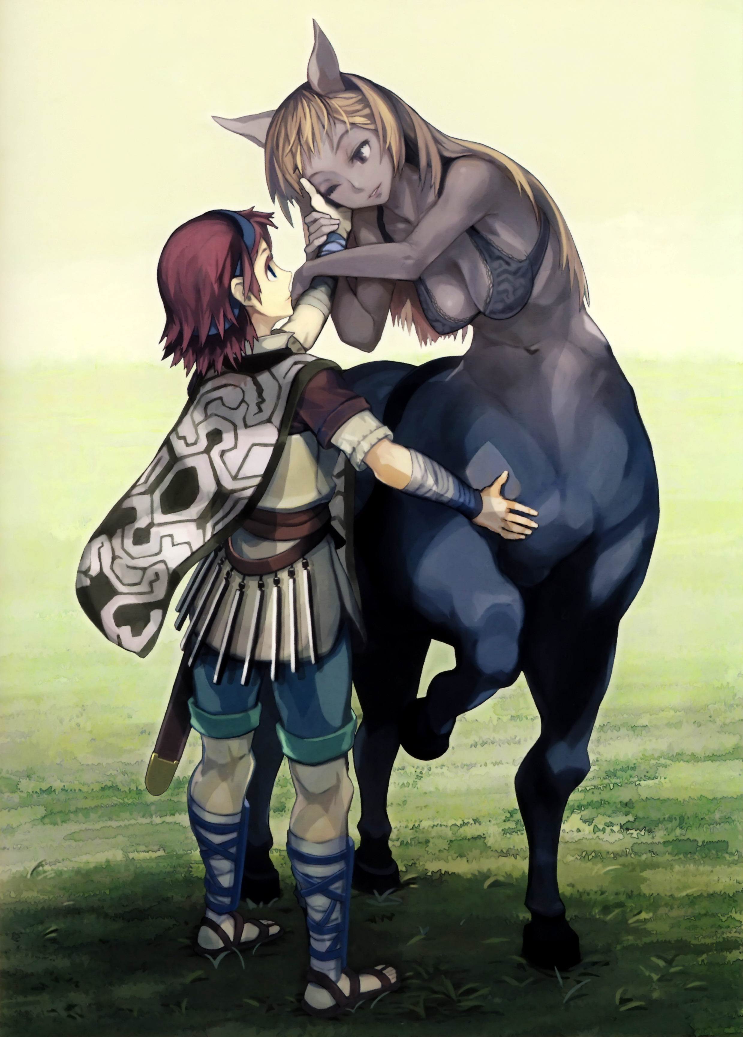 amon (amon 12345), ryman, agro, wander (shadow of the colossus), shadow of the colossus, absurdres, highres, scan, 1boy, 1girl, animal ears, breasts, brown eyes, centaur, cleavage, couple, hand on another's face, headpat, hetero, long hair, medium breasts, monster girl, one eye closed, personification, standing on three legs, taur, wink