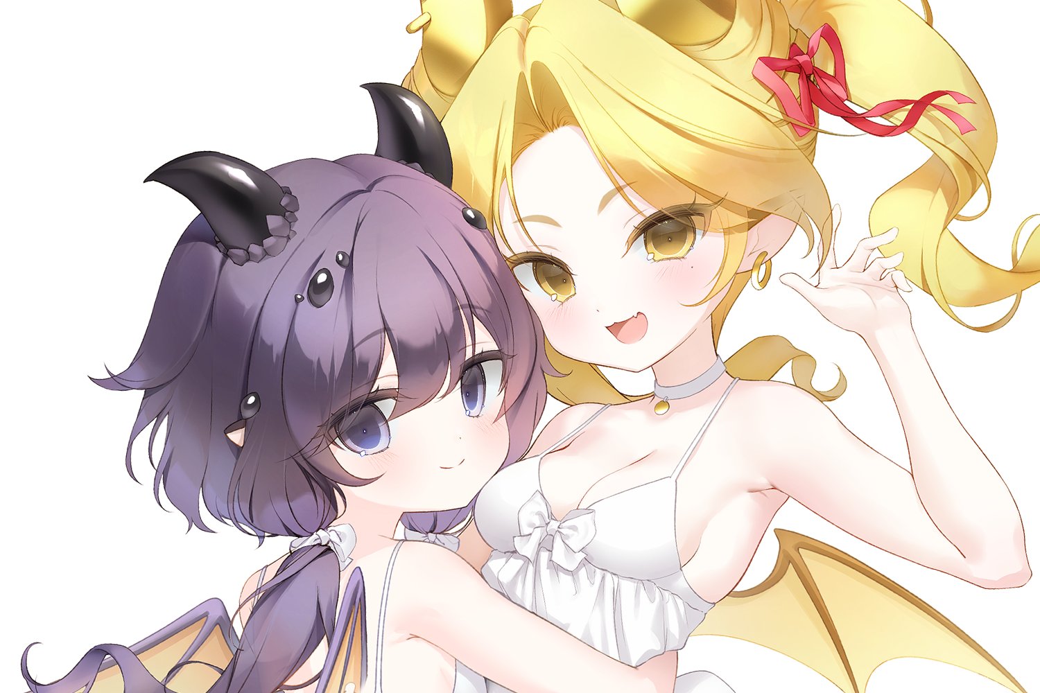 na1tsu2me3, trickcal, character request, 2girls, bare arms, blonde hair, breasts, choker, cleavage, closed mouth, dragon girl, dragon horns, dragon wings, dress, earrings, hair between eyes, hair ribbon, hand up, horns, hug, jewelry, kidian (trickcal), long hair, looking at viewer, medium breasts, multiple girls, open mouth, parted bangs, pointy ears, purple eyes, purple hair, red ribbon, ribbon, simple background, sleeveless, sleeveless dress, smile, white background, white choker, white dress, wings, yellow eyes