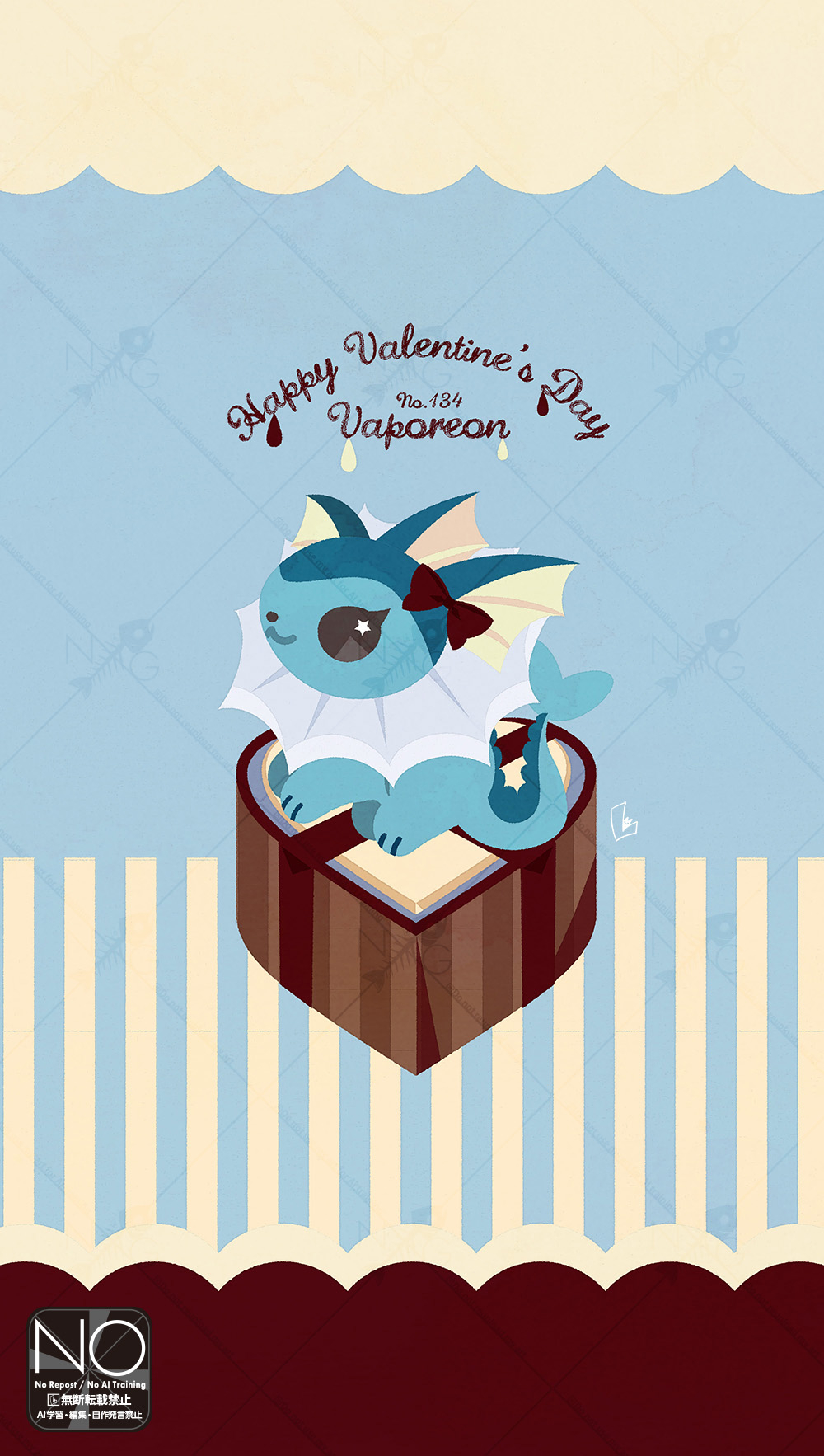 meme (sleepsheep), vaporeon, nintendo, pokemon, highres, animal focus, blue fur, candy, cetacean tail, chocolate, chocolate heart, english text, fins, fish tail, food, forked tail, gen 1 pokemon, happy valentine, head fins, heart, heart-shaped food, no humans, pokemon (creature), pokemon focus, star (symbol), star in eye, symbol in eye, tail, valentine