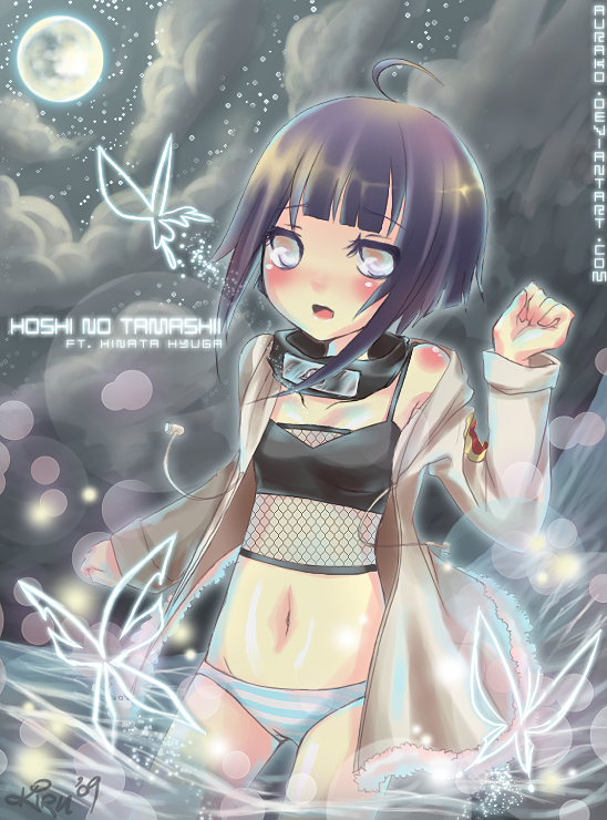 hyuuga hinata, naruto (classic), naruto (series), artist request, non-web source, ahoge, blunt bangs, bra, bug, butterfly, cowboy shot, fishnets, full moon, insect, lingerie, loli, moon, no pants, outdoors, panties, partially submerged, sky, star (sky), starry sky, striped clothes, striped panties, underwear, wading, water, watermark, web address