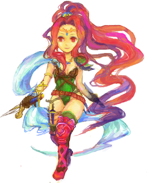 rinne (maxbeat), amanda (sd1), amanda (seiken densetsu), seiken densetsu, seiken densetsu 1, traditional media, 1girl, belt, boots, circlet, dagger, dual wielding, female focus, holding, jewelry, knife, leotard, long hair, necklace, ponytail, red eyes, red hair, shoulder pads, sketch, smile, solo, thighhighs, very long hair, weapon