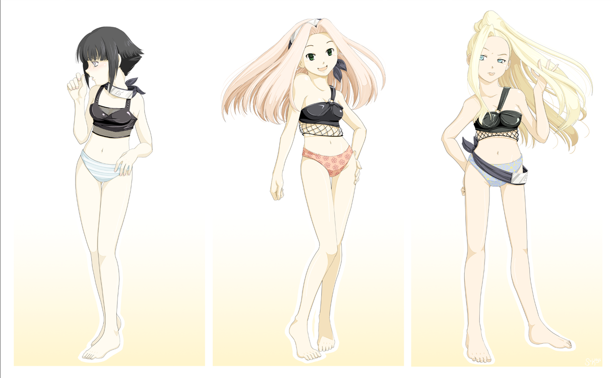 suguri (deviantart), haruno sakura, hyuuga hinata, yamanaka ino, naruto (classic), naruto (series), alternate costume, blue panties, bra, fishnets, full body, lingerie, panties, pink panties, simple background, striped clothes, striped panties, underwear, underwear only, white background