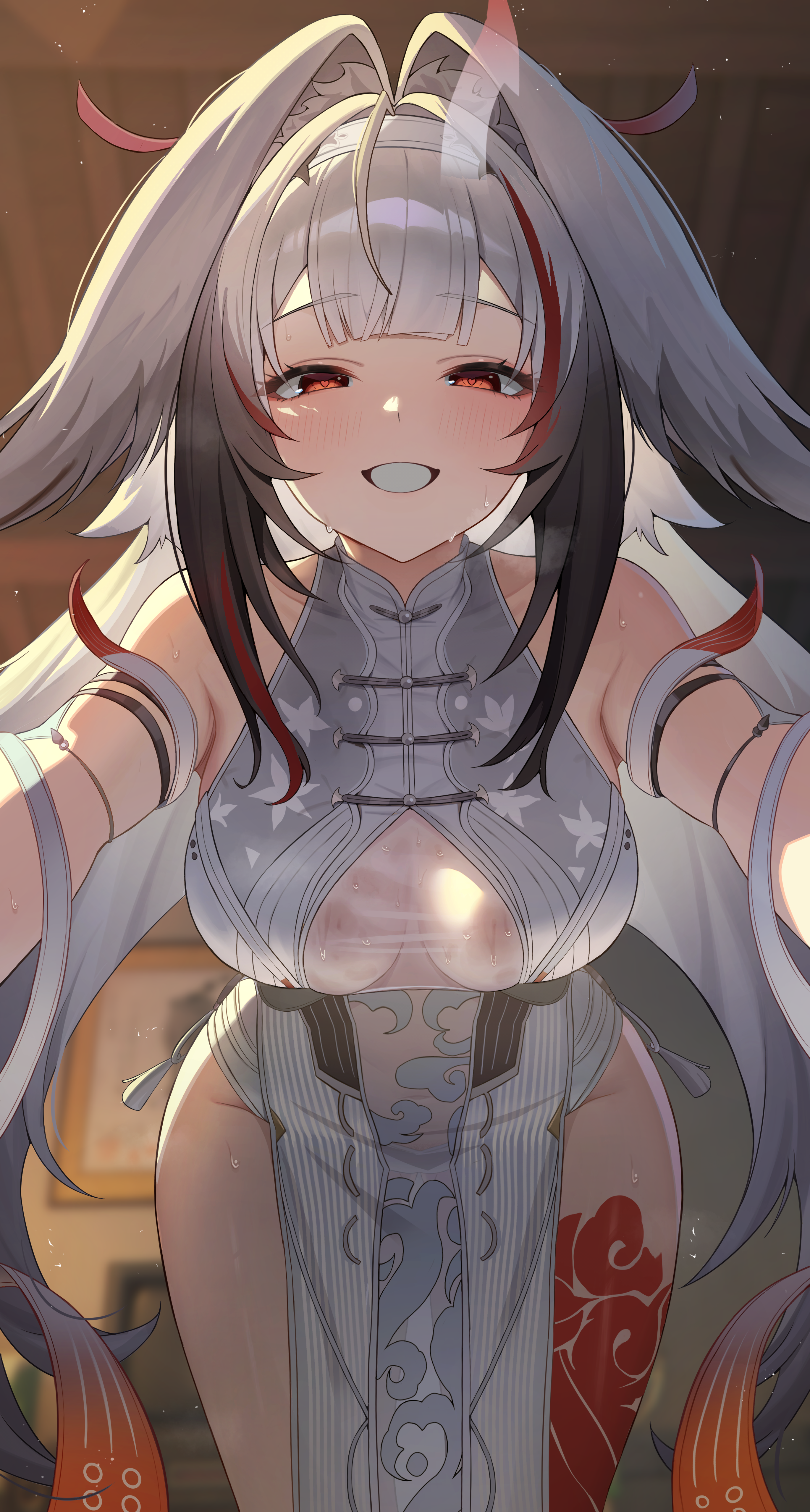 unnunal (unneonal), ye shunguang, zenless zone zero, absurdres, commentary request, highres, partial commentary, 1girl, animal ear fluff, animal ears, armlet, bare shoulders, blurry, blurry background, blush, breasts, chinese clothes, clover, clover hair ornament, cowboy shot, grin, hair flaps, hair ornament, hairband, half-closed eyes, heart, heart-shaped pupils, indoors, jewelry, large breasts, leaning forward, leotard, long hair, naughty face, open mouth, pelvic curtain, red eyes, silver armlet, smile, solo, sweat, symbol-shaped pupils, very long hair, white hair, white hairband, white leotard