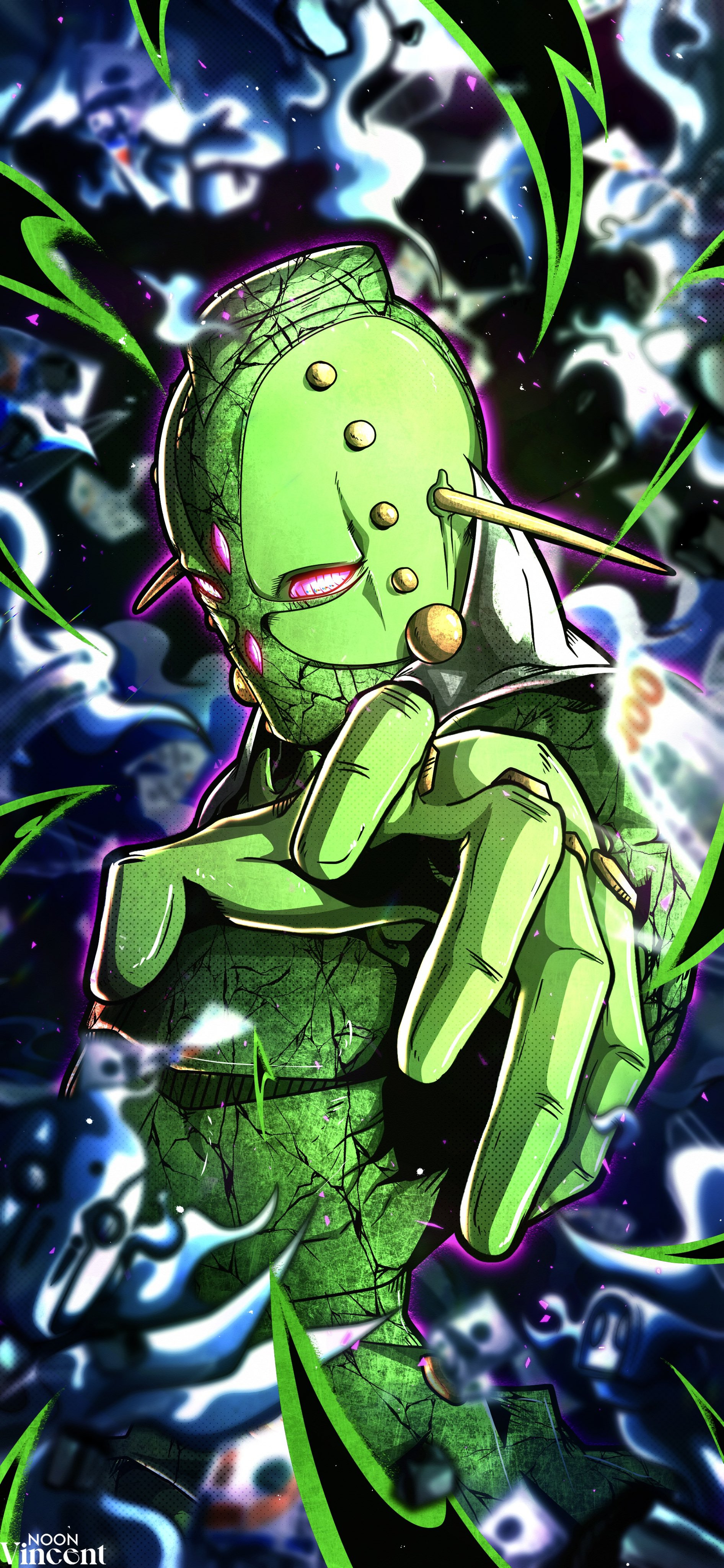 noonvincent, jojo no kimyou na bouken, the jojolands, absurdres, commentary, english commentary, highres, 1other, artist name, aura, colored skin, glowing, glowing eyes, green skin, howler's stand, looking at viewer, other focus, pink eyes, solo, stand (jojo), upper body