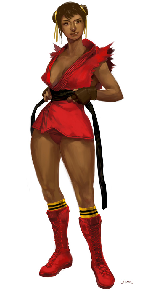 jen zee, chun-li, ken masters, capcom, street fighter, 1girl, belt, boots, breasts, cleavage, dark-skinned female, dark skin, double bun, dougi, female focus, fingerless gloves, gloves, hair bun, kneehighs, large breasts, legs, martial arts belt, panties, realistic, smile, socks, solo, underwear