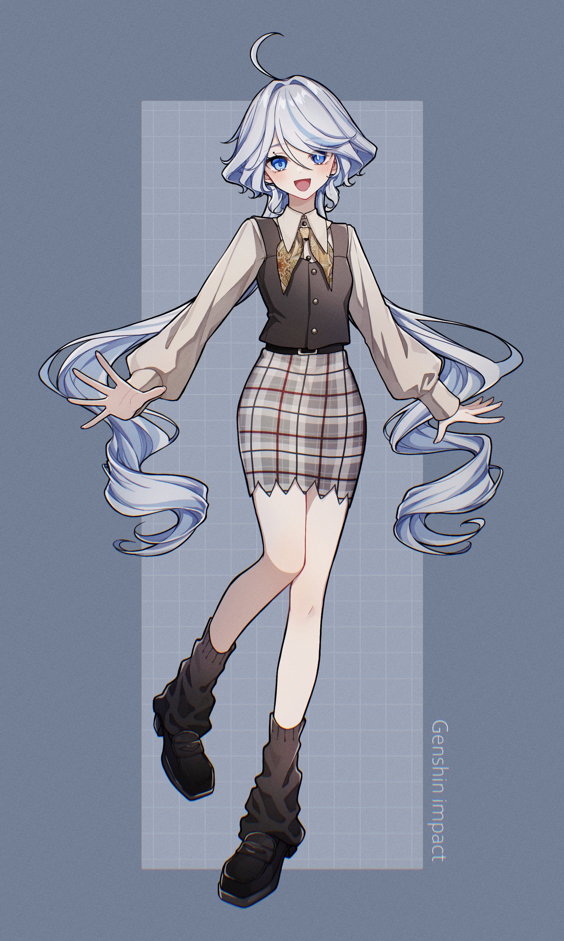 yanagida shiina, furina (genshin impact), genshin impact, absurdres, commentary request, highres, 1girl, ahoge, alternate costume, belt, black shoes, black socks, blue eyes, blue hair, collared shirt, copyright name, drop-shaped pupils, full body, heterochromia, leg lift, long hair, looking at viewer, mismatched pupils, multicolored hair, neckerchief, plaid clothes, plaid skirt, shirt, shoes, skirt, socks, solo, standing, standing on one leg, streaked hair, symbol-shaped pupils, tube socks, white hair, white shirt, yellow neckerchief