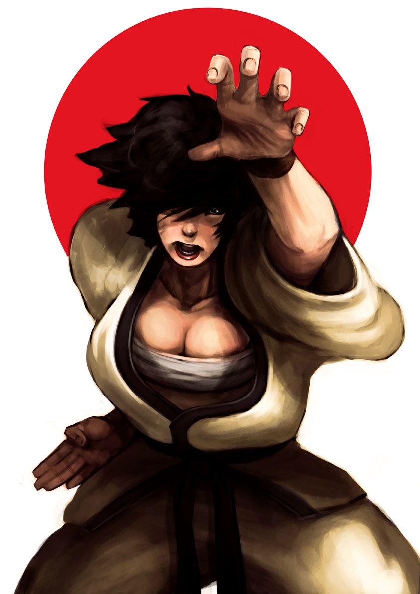 dcwj, makoto (street fighter), capcom, street fighter, street fighter iii (series), 1girl, black hair, breasts, cleavage, dougi, female focus, fighting stance, flag, hair over one eye, large breasts, short hair, solo