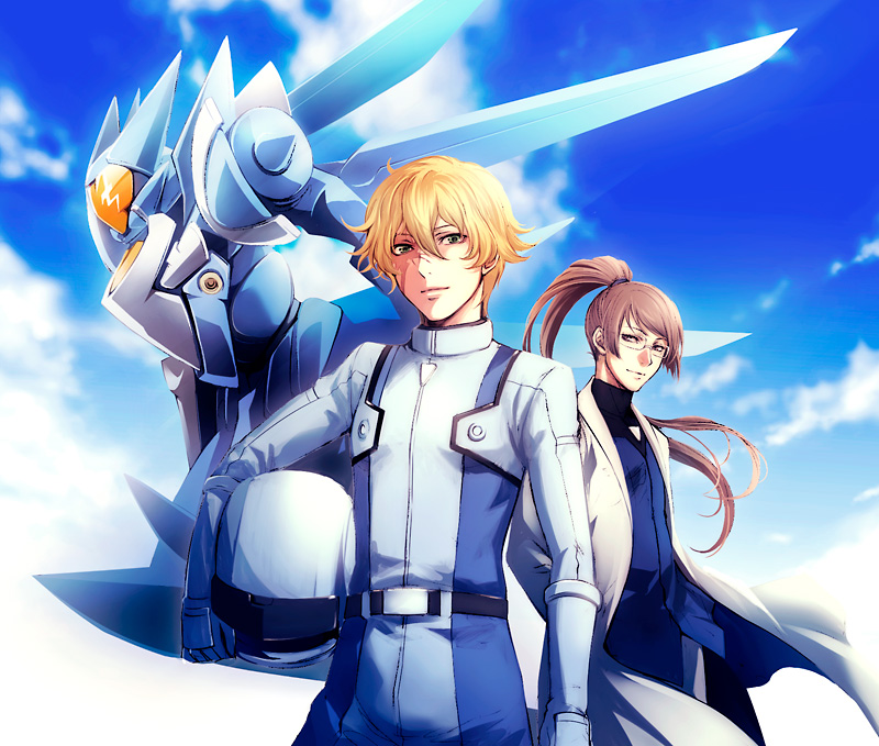 teddy (artist), billy katagiri, brave commander test type, brave commander type, graham aker, gundam, gundam 00, pilot suit, bad id, bad pixiv id, 00s, 2boys, blonde hair, brave, brown hair, day, glasses, helmet, long hair, male focus, mecha, multiple boys, ponytail, robot, scar, scarf, sky