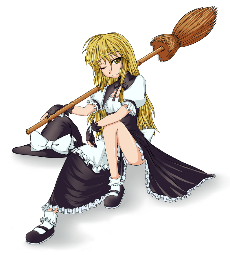 tsukimi (ryouiki ridatsu), tukimi, kirisame marisa, curiosities of lotus asia, touhou, 1girl, apron, blonde hair, broom, dress, female focus, fingerless gloves, gloves, hat, one eye closed, panties, pantyshot, ribbon, sitting, solo, underwear, wink, witch, witch hat, yellow eyes