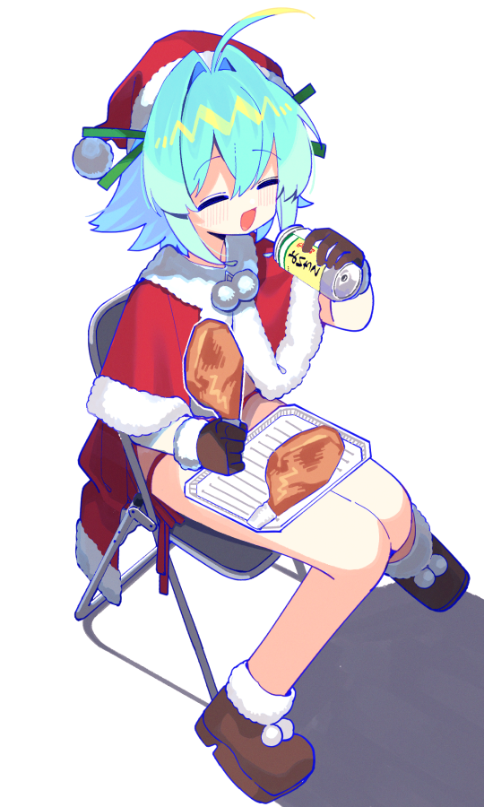 aoi tsuyu, original, commentary, symbol-only commentary, 1girl, :d, ahoge, aqua hair, blush, boots, brown boots, can, capelet, chicken (food), closed eyes, double-parted bangs, drink can, food, full body, fur-trimmed boots, fur-trimmed capelet, fur-trimmed headwear, fur trim, hair between eyes, hair intakes, hat, holding, holding can, holding food, no pants, open mouth, panties, red capelet, red hat, red panties, santa costume, santa hat, short hair, side-tie panties, simple background, sitting, smile, solo, underwear, white background