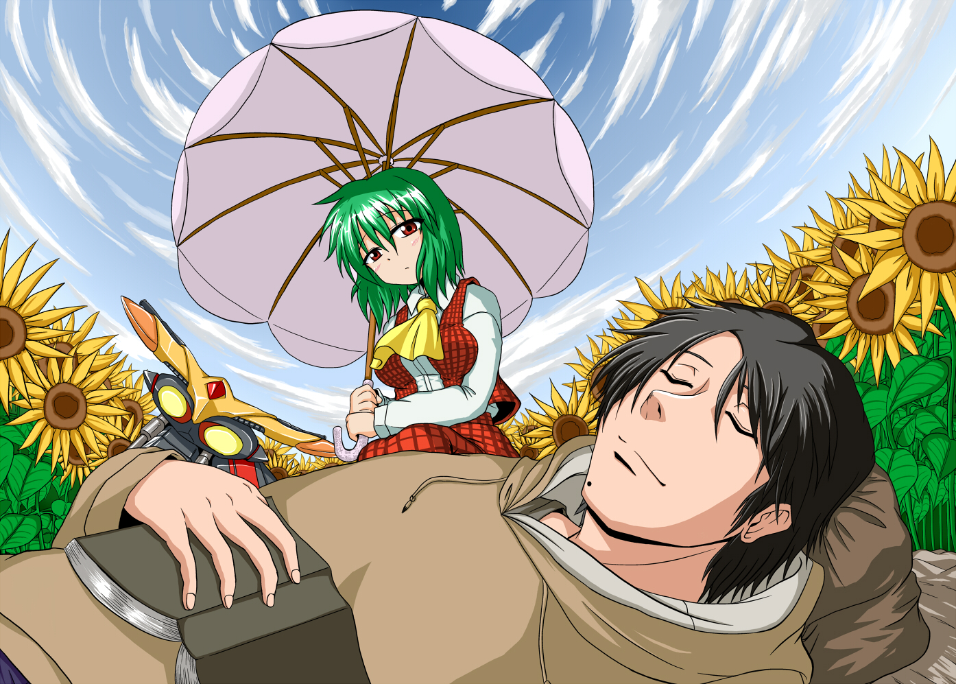 tsukimi (ryouiki ridatsu), tukimi, godai yuusuke, kamen rider kuuga, kazami yuuka, kamen rider, kamen rider kuuga (series), touhou, vehicle, 1boy, 1girl, ascot, black hair, blush, book, breasts, crossover, field, fisheye, flower, flower field, green hair, large breasts, motor vehicle, motorcycle, parasol, plaid clothes, plaid skirt, plaid vest, red eyes, skirt, skirt set, sleeping, sunflower, sunflower field, umbrella, vest
