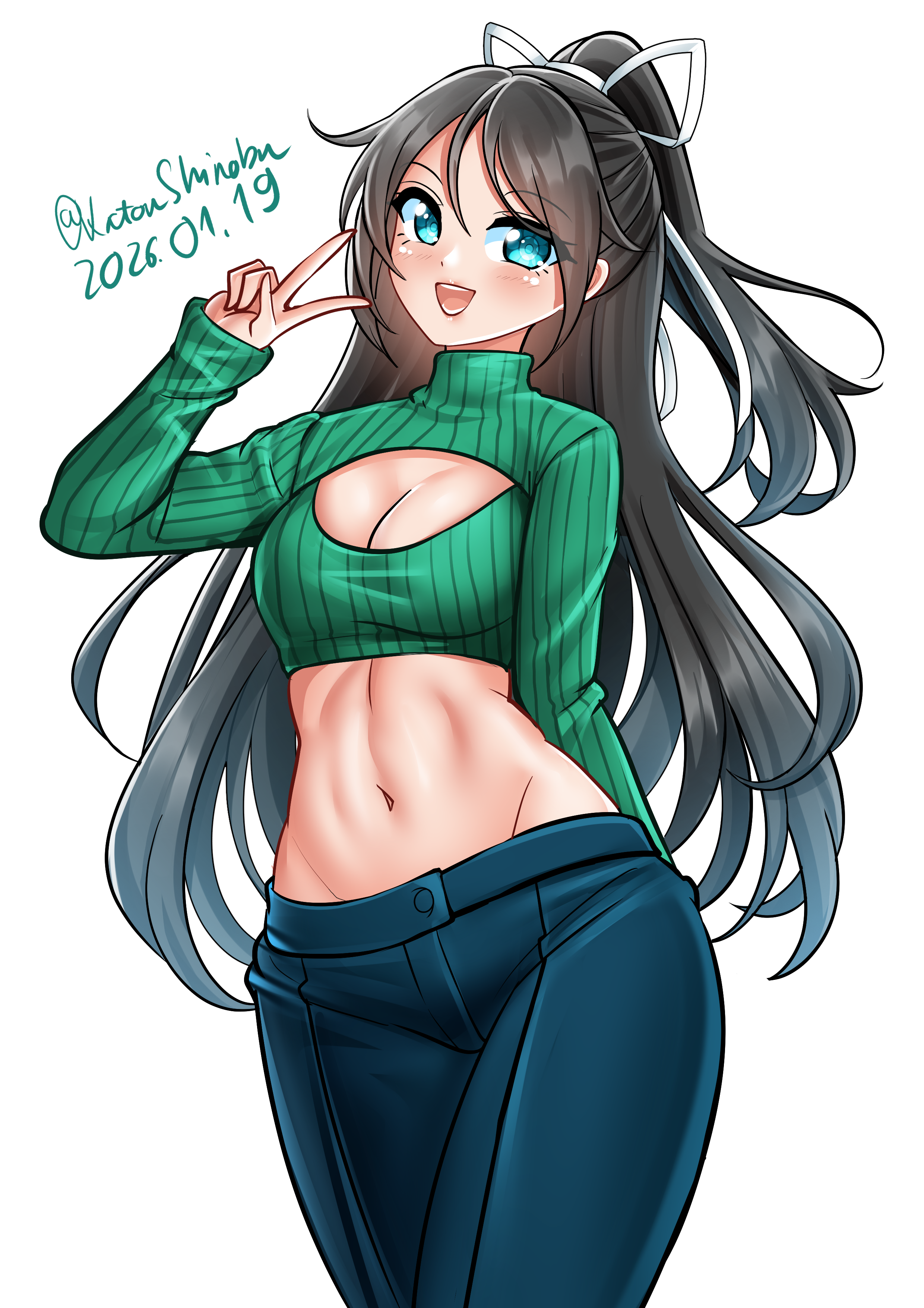 katou shinobu, katsuragi (kancolle), kantai collection, absurdres, highres, 1girl, arms behind back, black hair, blue eyes, blush, breasts, cleavage, cleavage cutout, clothing cutout, cowboy shot, dated, green sweater, hair between eyes, hair ribbon, long hair, looking at viewer, navel, one-hour drawing challenge, open mouth, ponytail, ribbon, simple background, small breasts, smile, solo, stomach, sweater, twitter username, v, white background, white ribbon