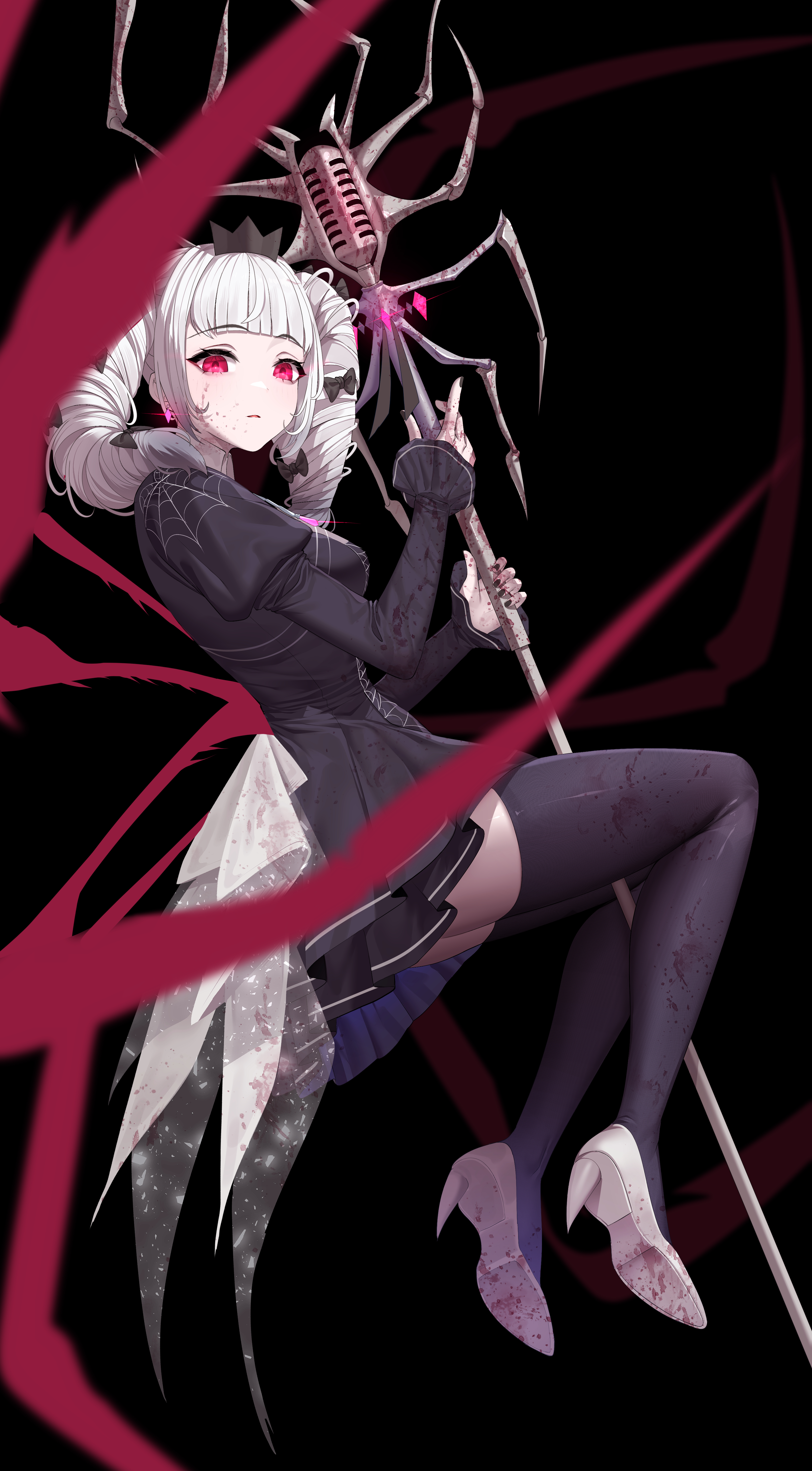 gosegu, waktaverse, absurdres, highres, korean commentary, 1girl, black background, black dress, black thighhighs, blood, blood on clothes, blood on face, blunt bangs, crown, dress, drill hair, earrings, full body, high heels, holding, holding staff, jewelry, juliet sleeves, long sleeves, looking at viewer, parted lips, pink eyes, puffy sleeves, red eyes, simple background, skirt, solo, staff, thighhighs, twin drills, virtual youtuber, white hair, yeondo