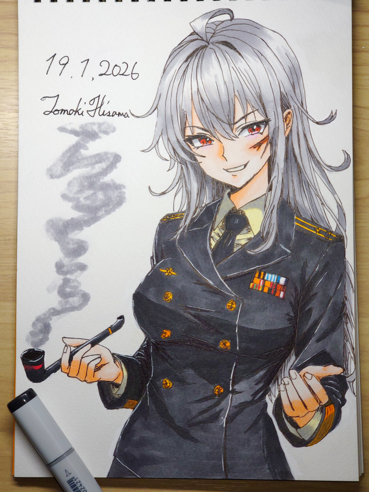 hisama tomoki, gangut (kancolle), kantai collection, commentary request, highres, marker (medium), traditional media, 1girl, alternate costume, art tools in frame, black jacket, black necktie, buttons, collared shirt, dated, double-breasted, facial scar, grey hair, hair between eyes, jacket, long hair, looking at viewer, military dress uniform, military rank insignia, military uniform, naval dress uniform, naval uniform, necktie, one-hour drawing challenge, red eyes, ribbon bar, russian navy, scar, scar on cheek, scar on face, shirt, shoulder boards, signature, smile, smoking pipe, solo, yellow shirt