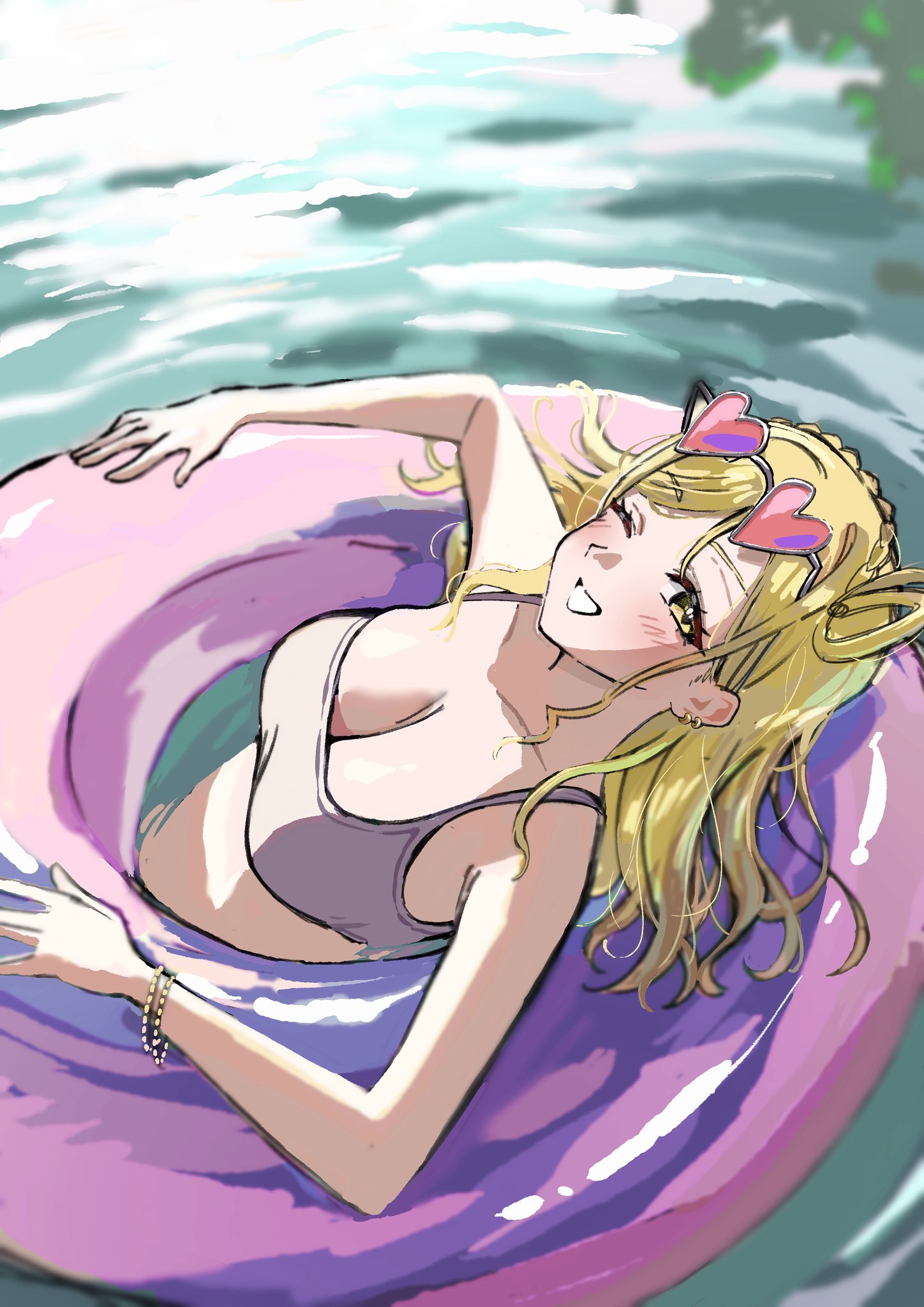 dunchy, ohara mari, love live!, love live! sunshine!!, tagme, blonde hair, bracelet, breasts, jewelry, sunglasses, sunglasses on head, swimsuit, yellow eyes