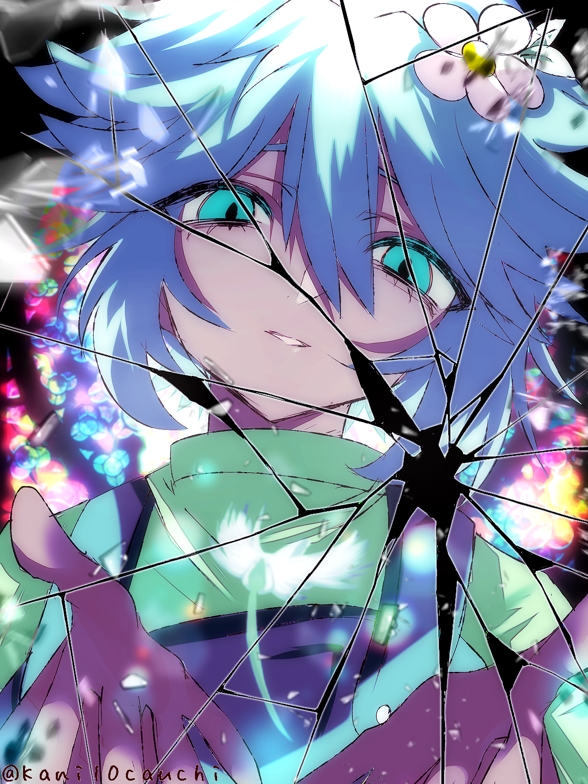 kauchi (kani10cauchi), basil (headspace) (omori), basil (omori), omori, commentary request, highres, 1boy, blue overalls, double-parted bangs, flower, green eyes, green hair, green shirt, hair between eyes, hair flower, hair ornament, looking at viewer, male focus, overalls, parted lips, shirt, sidelocks, solo, t-shirt, twitter username, upper body