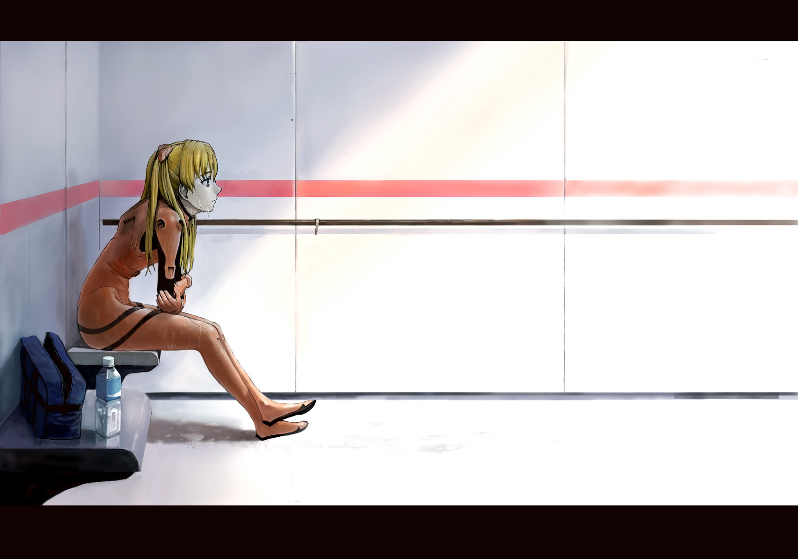 hasunemachi, souryuu asuka langley, neon genesis evangelion, artist request, bad id, bad pixiv id, highres, 1girl, bag, blue eyes, bracer, brown hair, duffel bag, female focus, from side, frown, full body, hair between eyes, half-closed eyes, indoors, legs together, letterboxed, long hair, mecha pilot suit, narrow waist, open bag, plugsuit (evangelion), puddle, sitting, solo, two side up