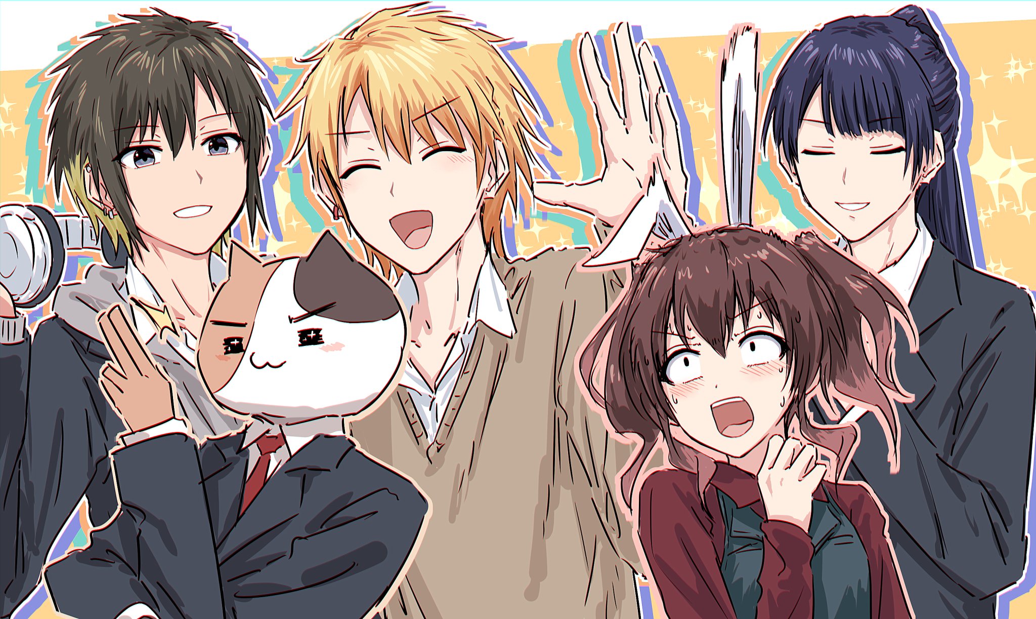 yukitake (bullfalk), aimoto rinku, akashi maho, ohnaruto muni, togetsu rei, d4dj, commentary request, highres, 4boys, :d, ^ ^, apron, black apron, black jacket, blonde hair, blue hair, blush, brown hair, brown sweater, calico (pattern), calico cat, closed eyes, collarbone, collared shirt, dress shirt, drop shadow, genderswap, genderswap (ftm), grey eyes, grey hoodie, grin, happy around!, hood, hoodie, jacket, long hair, long sleeves, male focus, multiple boys, necktie, nervous sweating, open clothes, open jacket, open mouth, ponytail, red necktie, red shirt, shirt, short hair, smile, sweat, sweater, two side up, v-shaped eyebrows, white shirt, yellow background