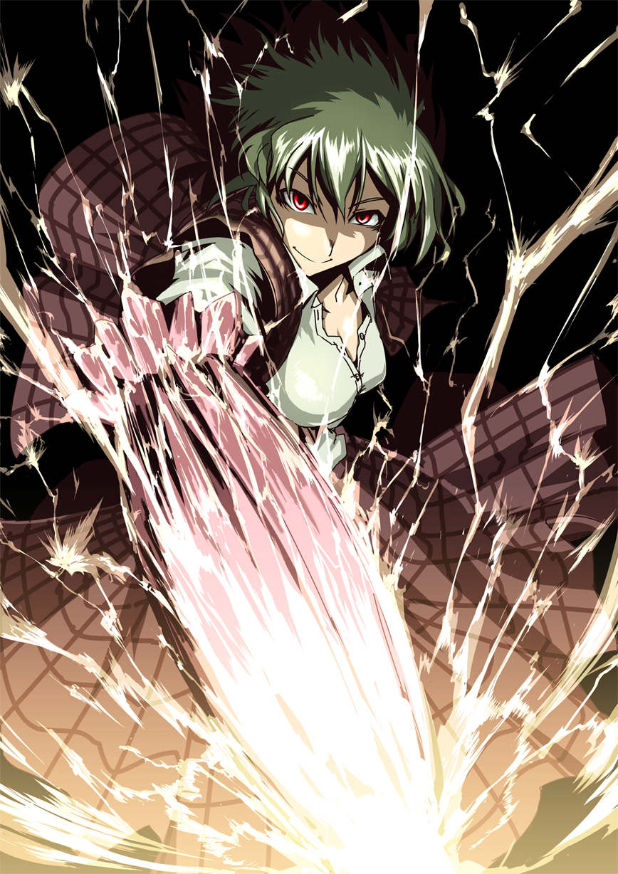 hetza (hellshock), kazami yuuka, touhou, highres, 1girl, attack, black background, breasts, closed umbrella, collarbone, female focus, green hair, large breasts, looking at viewer, master spark, plaid clothes, plaid skirt, plaid vest, red eyes, shaded face, short hair, skirt, skirt set, smile, solo, umbrella, vest, wind