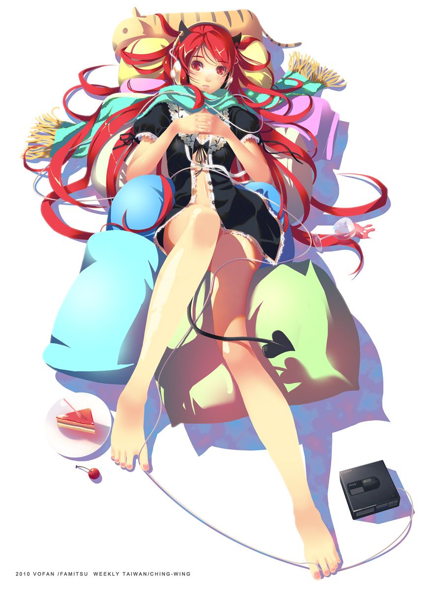 vofan, original, highres, 1girl, animal ears, barefoot, between toes, cake, cat ears, cat tail, cherry, feet, female focus, food, fruit, headphones, legs, long hair, lying, on back, pastry, pillow, red eyes, red hair, scarf, solo, stuffed animal, stuffed toy, tail