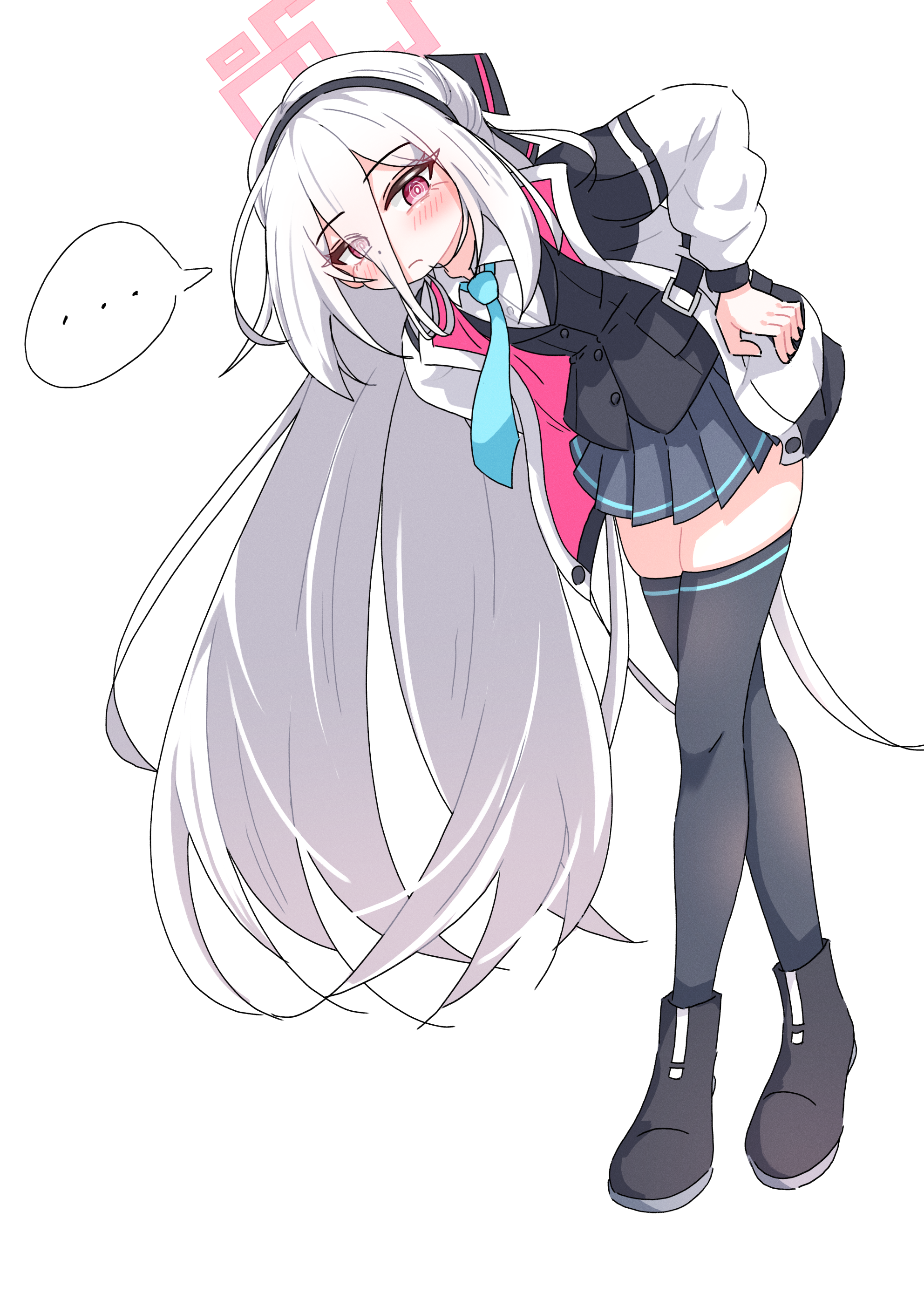 chilong (heronas), kei (blue archive), kei (new body) (blue archive), blue archive, absurdres, commentary request, highres, korean commentary, …, 1girl, black hairband, black thighhighs, blue necktie, cosplay, hairband, halo, jacket, long hair, necktie, simple background, skirt, solo, thighhighs, white background, white hair